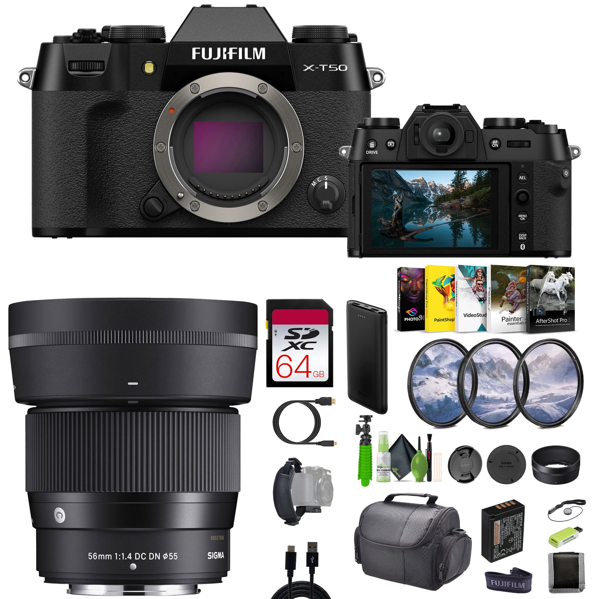 Fujifilm - X-T50 Mirrorless Digital Camera + Sigma 56mm Contemporary Lens + More - Black