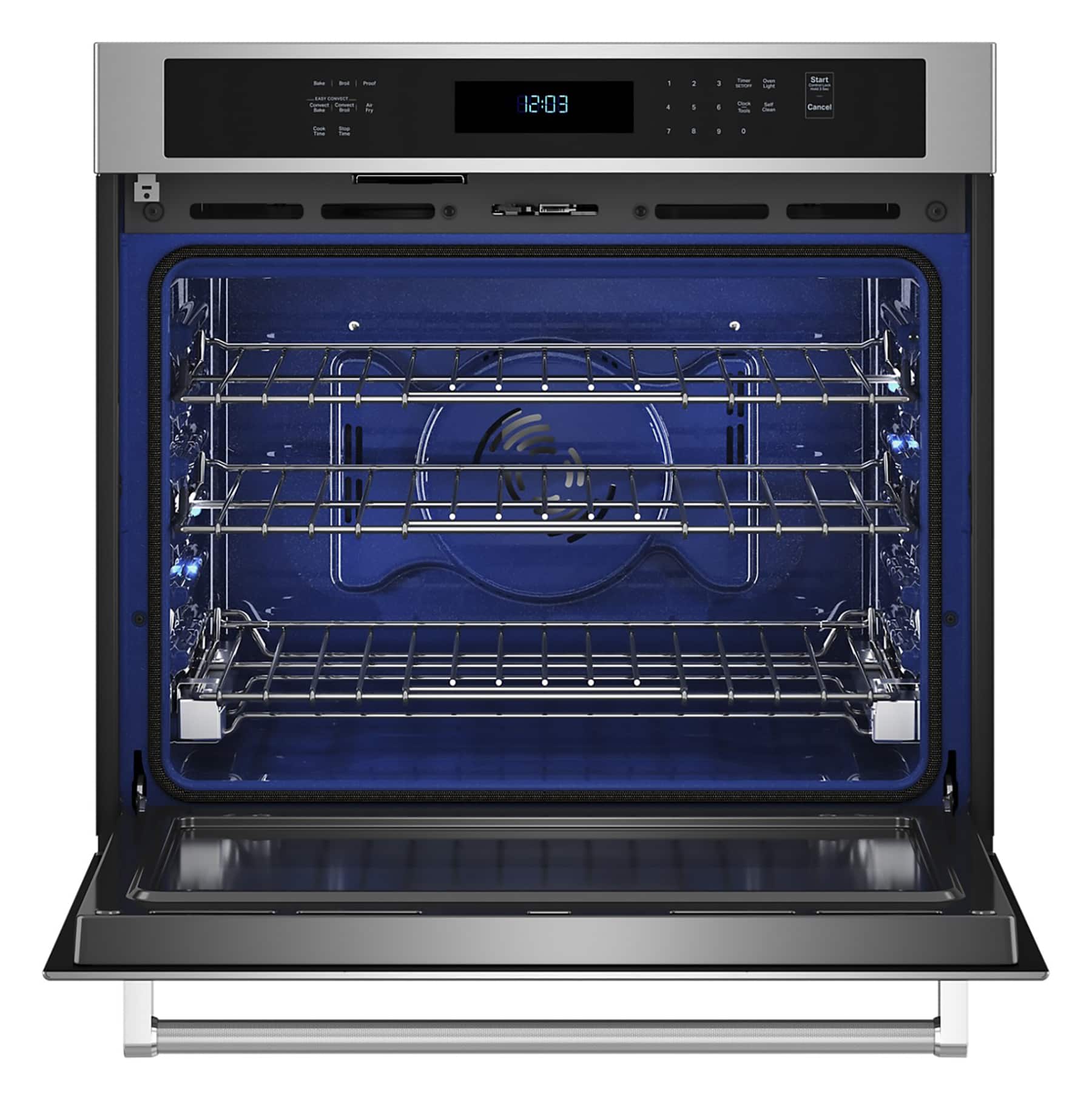 The image features a blue oven with a digital clock displaying the time of 12:03. The oven is empty, and the clock is positioned on the top of the oven. The oven is likely a part of a kitchen appliance, such as a stove or a microwave, and it is designed to help users manage their cooking time efficiently.