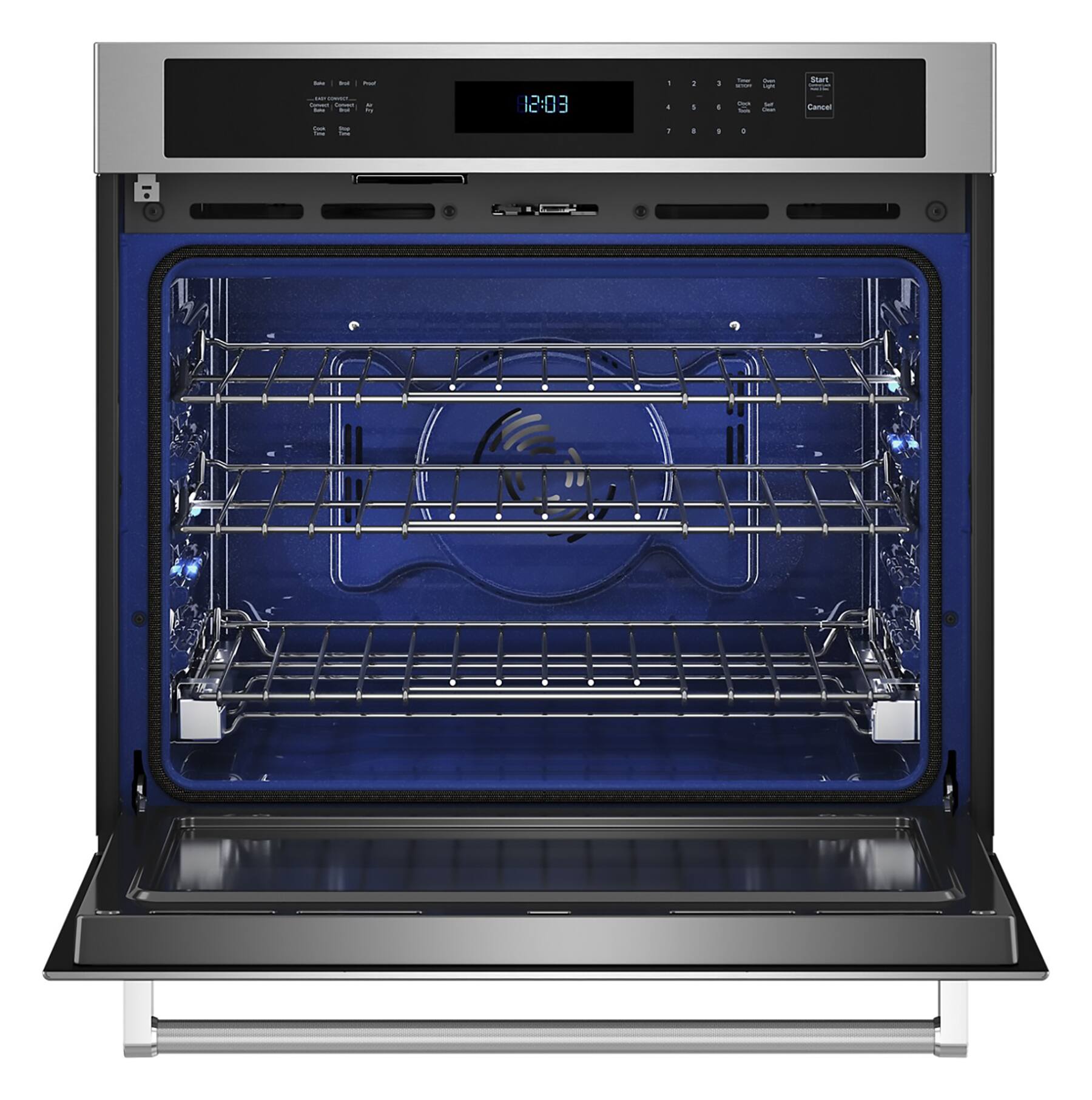 The image features a blue oven with a digital clock displaying the time of 12:03. The oven is empty, and the clock is positioned on the top of the oven. The oven is likely a part of a kitchen appliance, such as a stove or a microwave, and it is designed to help users manage their cooking time efficiently.