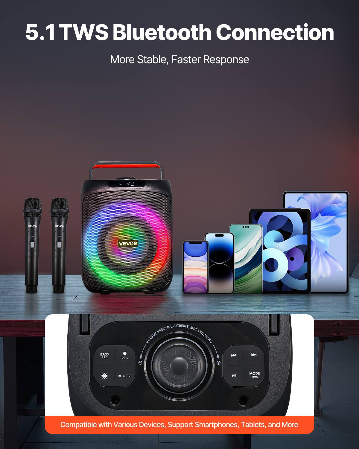 5.1 TWS Bluetooth Connection  
More Stable, Faster Response  

VEVOR  
VEVOR  
...  
VEVOR  

BASS 1.23  
REC  
PRESS BASS/TREBLE/MIC. VOLUME VOL/ECHO  

MIC.PRI  

MODE TWS  

Compatible with Various Devices, Support Smartphones, Tablets, and More