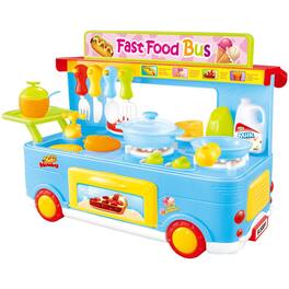 JuzToys - 29pcs Fast Food Bus Kitchen Play Set Toy, Pretend Playset - Blue