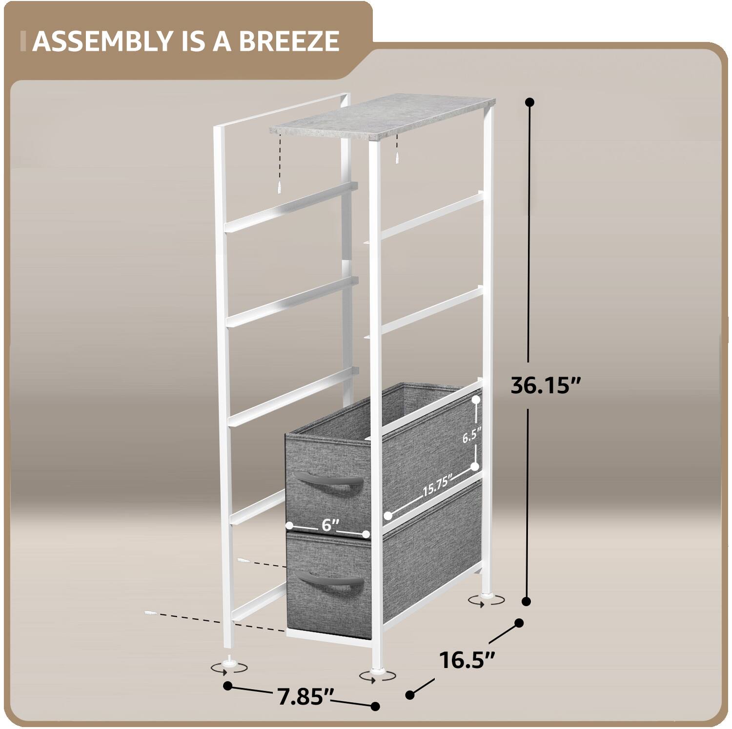 ASSEMBLY IS A BREEZE

- 36.15" (height)
- 16.5" (width)
- 7.85" (depth)
- 15.75" (shelf height)
- 6" (drawer height)
- 6.5" (drawer width)