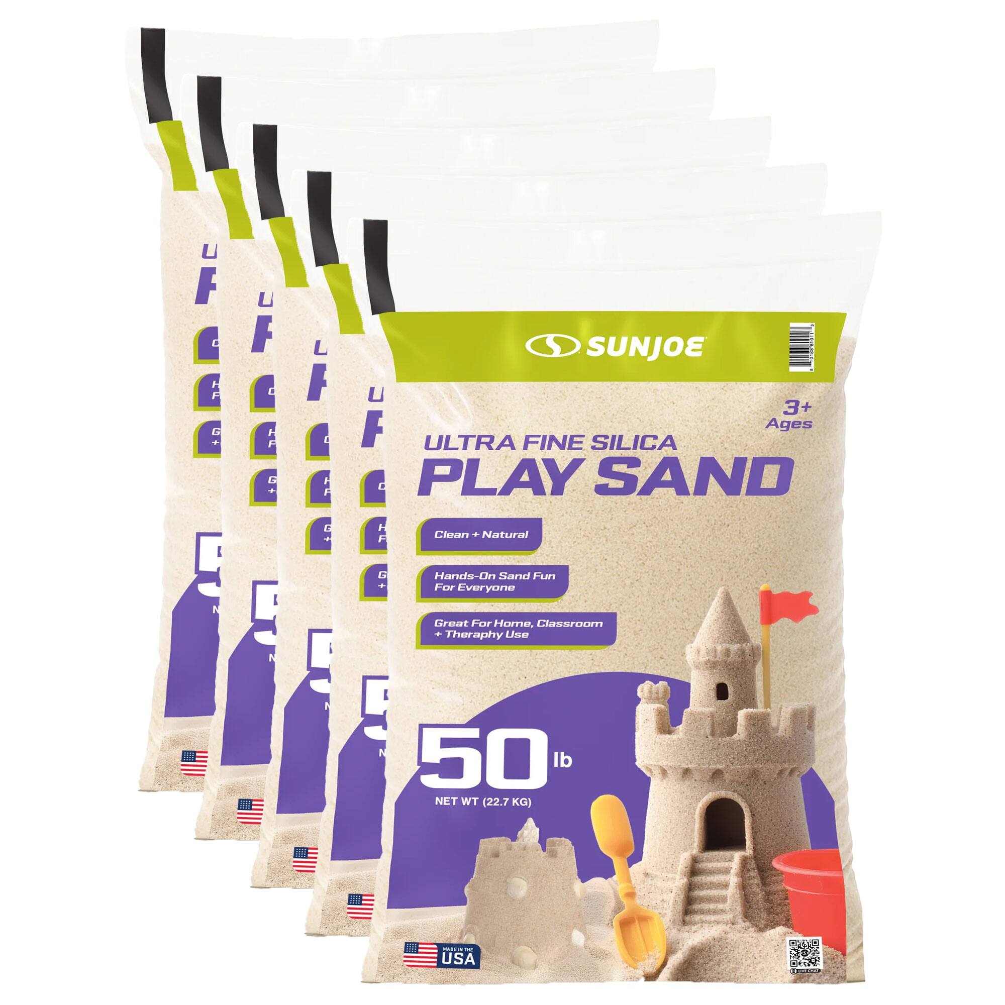 Sure, here is the corrected and grouped text from the image:

---

**SUNJOE**

**ULTRA FINE SILICA PLAY SAND**

**3+ Ages**

**Clean + Natural**

**Hands-On Sand Fun For Everyone**

**Great For Home, Classroom + Therapy Use**

**50 lb**

**NET WT (22.7 KG)**

**USA**

---

This text is organized to reflect the information on the packaging clearly.