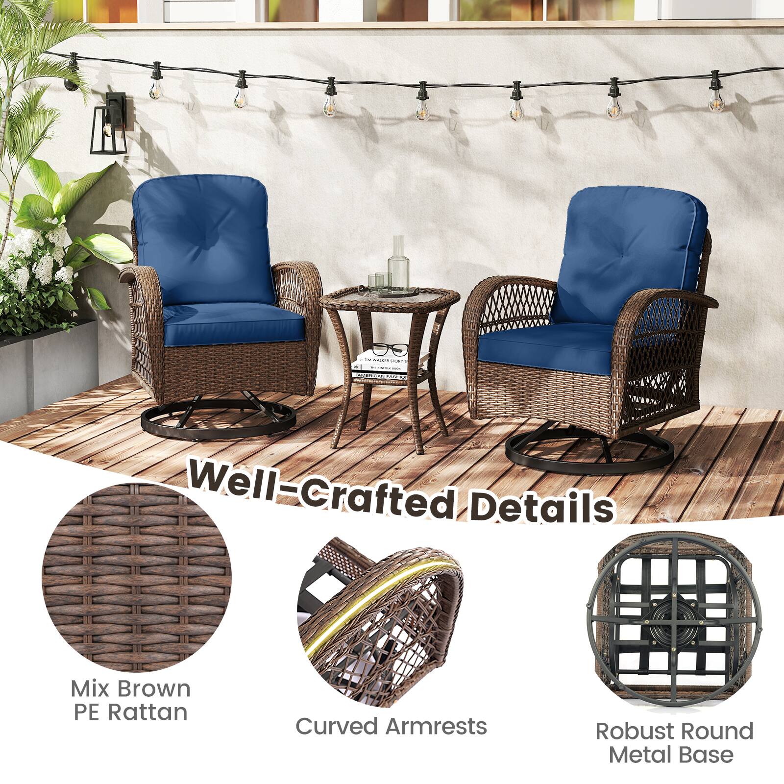- Well-Crafted Details
- Mix Brown PE Rattan
- Curved Armrests
- Robust Round Metal Base