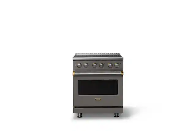 Front. Viking - 30 in. Wide 4 Elements Pro 5 Series 4.7 Cu.Ft. Freestanding Electric Convection Range Brushed Brass Trim - Damascus Gray.