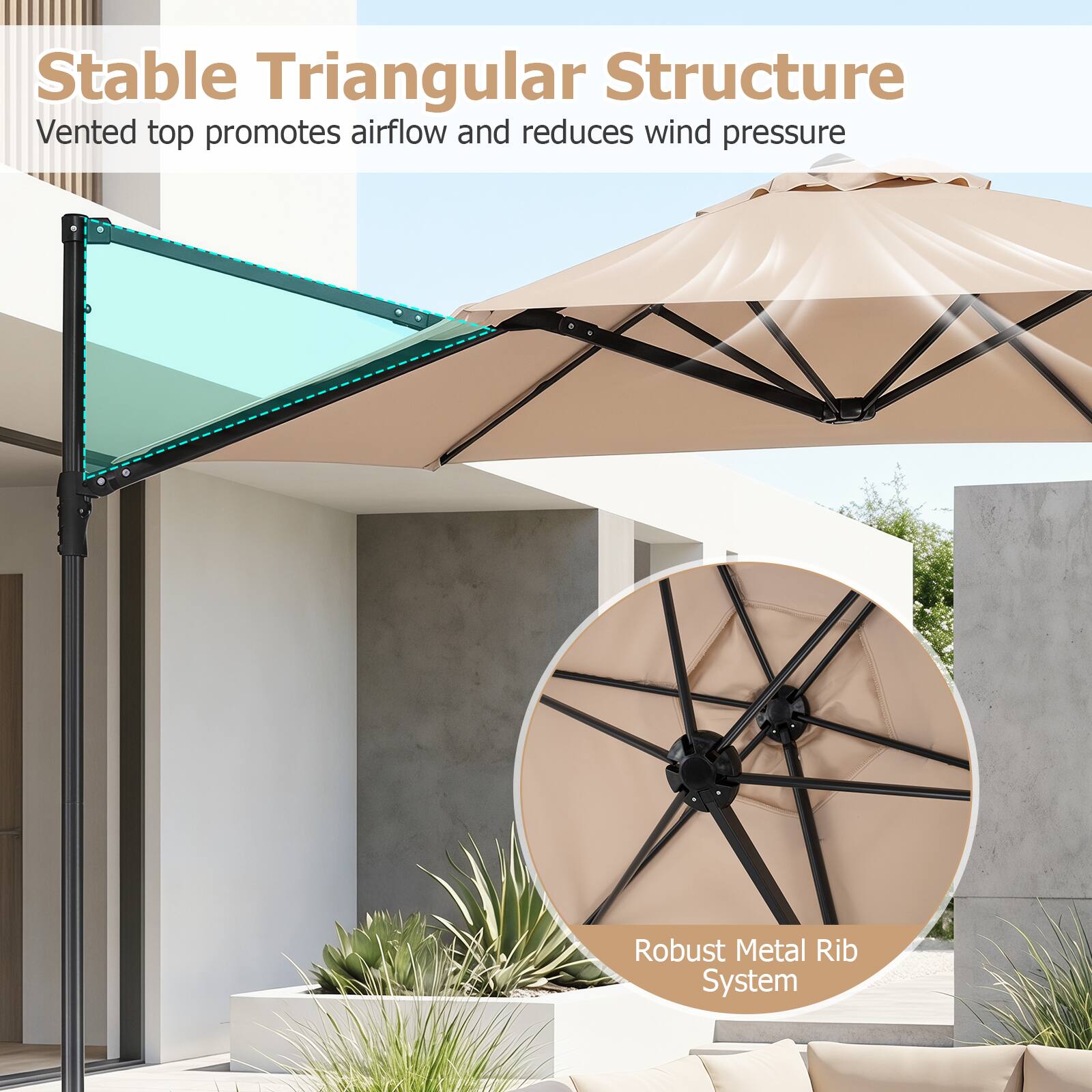 Stable Triangular Structure  
Vented top promotes airflow and reduces wind pressure  
Robust Metal Rib System