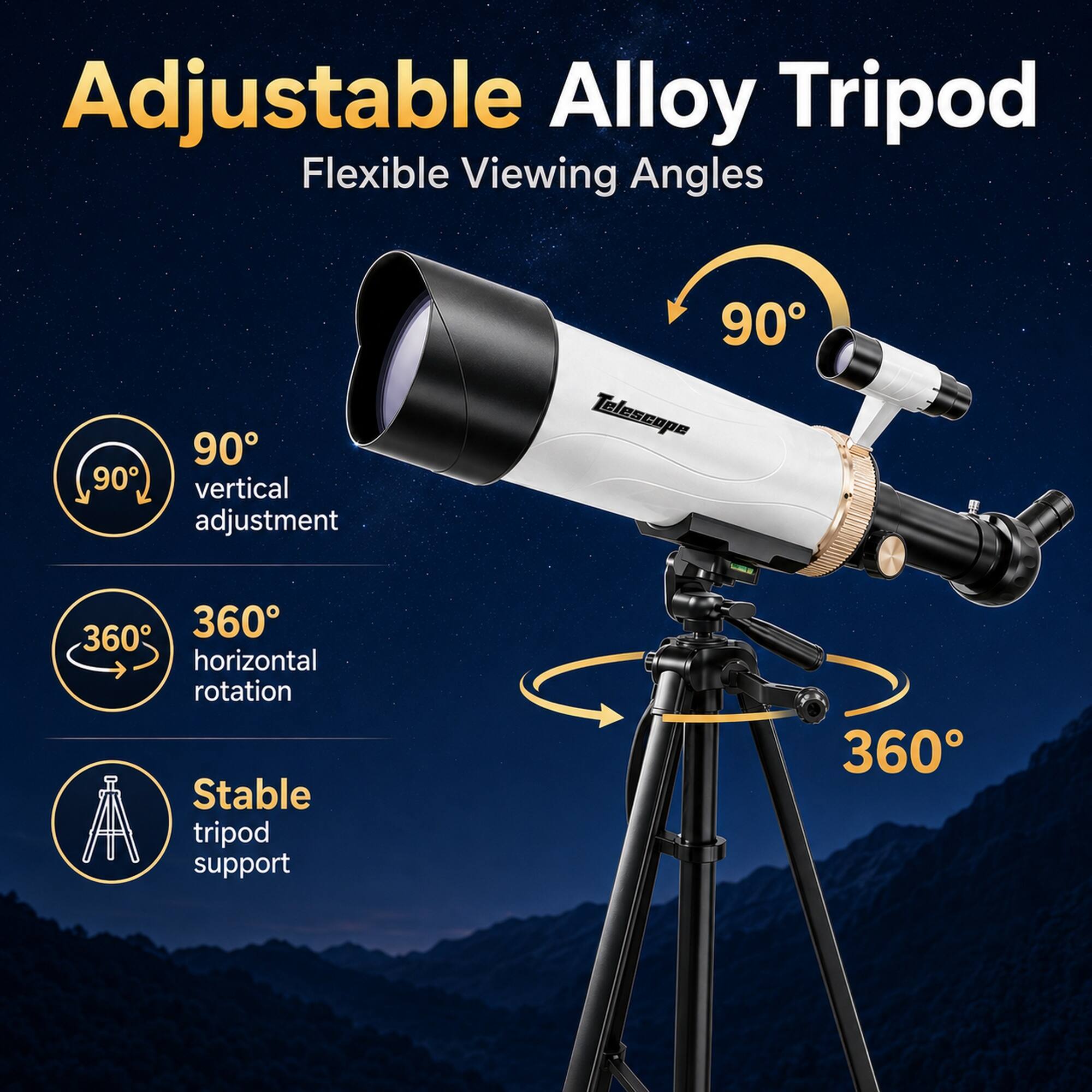 Adjustable Alloy Tripod Flexible Viewing Angles 90° vertical adjustment 90° horizontal rotation 360° Stable tripod support