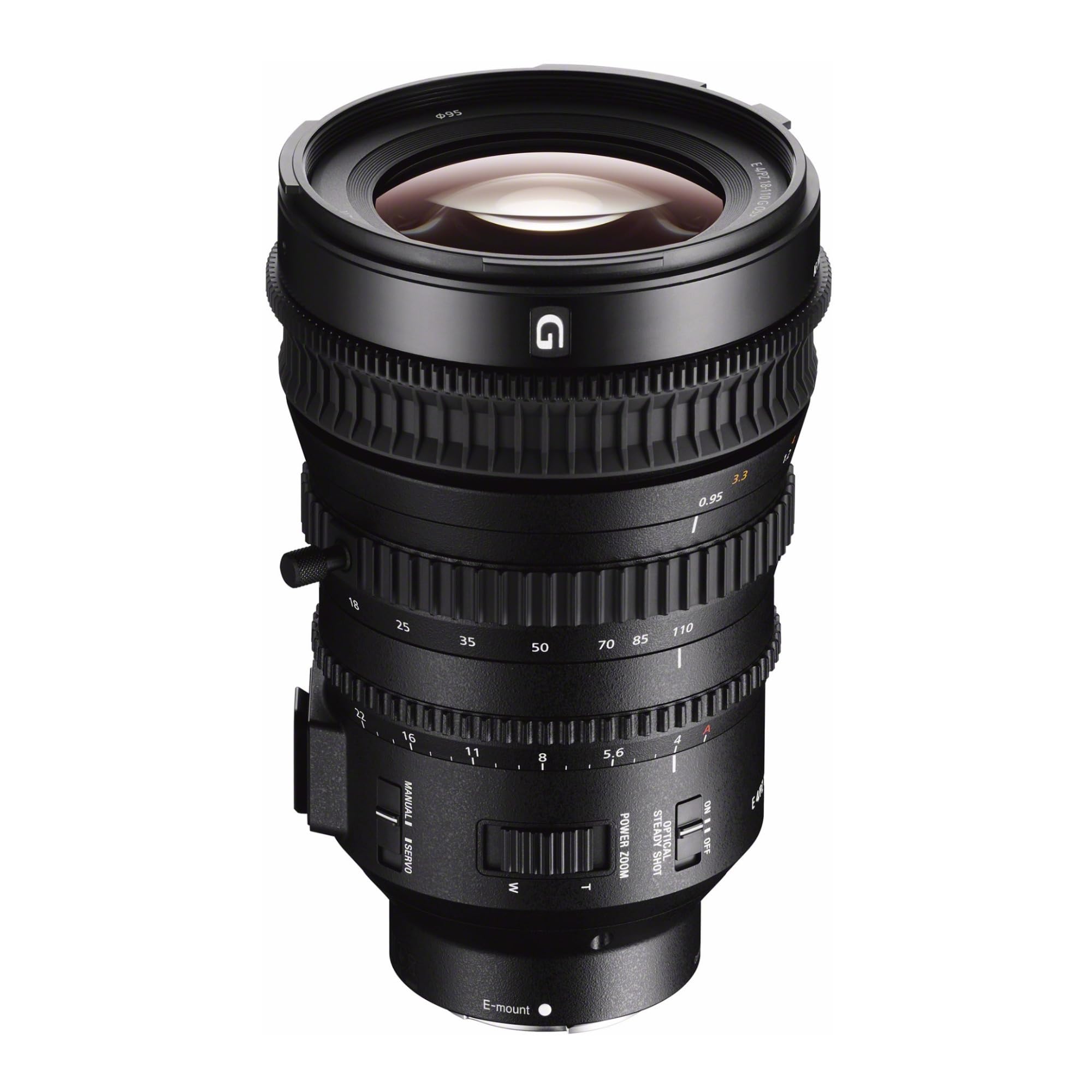 95  
E4/PZ.18-110GOS  
3.3 0.95 /  
18  
25  
35  
50  
70  
85  
110  
&  
16 MANUAL SERVO  
11  
W  
8  
T  
5.6 POWER ZOOM  
STEADY SHOT  
4 OPTICAL  
NO : DEF  
E-mount