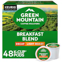 Green Mountain Coffee - Breakfast Blend Decaf Coffee Keurig K-Cup Pods, Light Roast, 48/Box