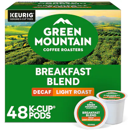 MMUAN CONS + KEURIG GENUINE K-CUP PODS GREEN MOUNTAIN COFFEE ROASTERS BREAKFAST BLEND DECAF LIGHT ROAST 48 PODS GREEN MOUNTAIN COFFEE ROASTERS BREAKFAST BLEND DECAF LIGHT ROAST COFFEE KEURIG.