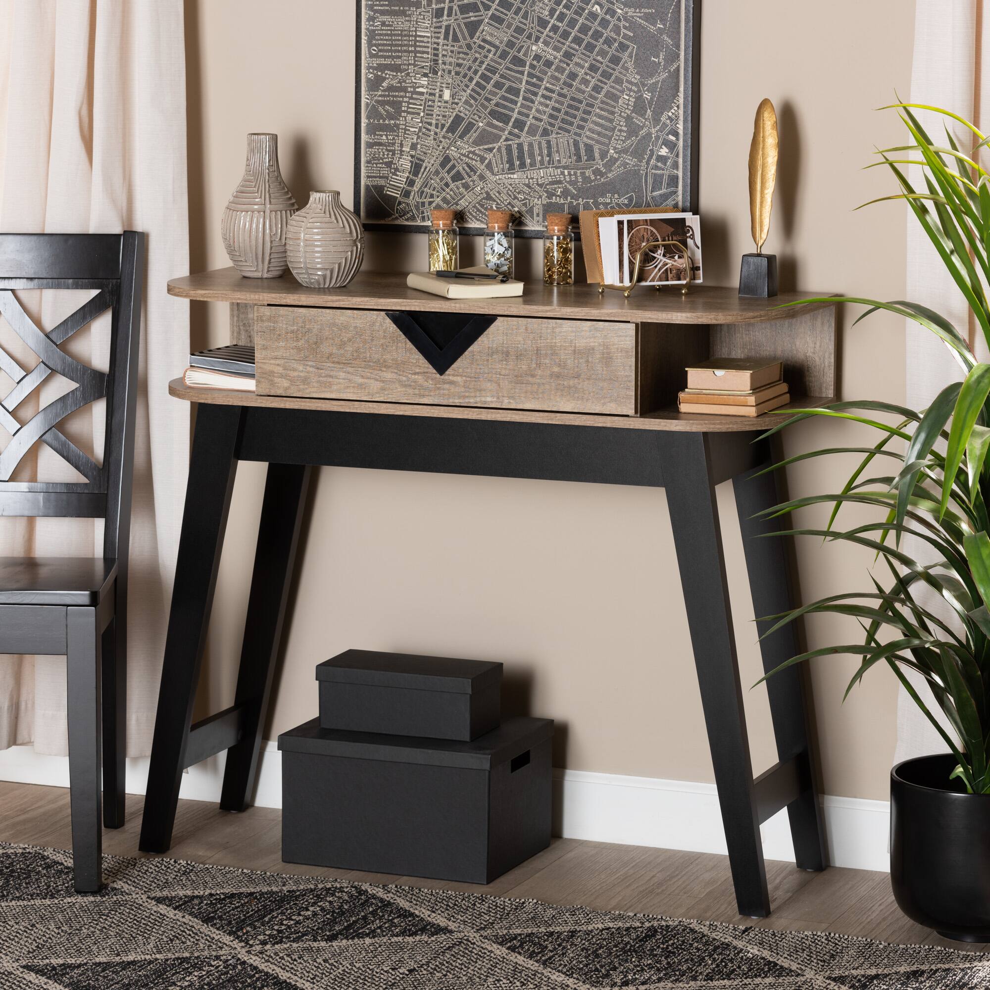 Alt View 4. Baxton Studio - Wales Modern and Contemporary Finished Wood 1-Drawer Console Table - Light Brown/Dark Brown.