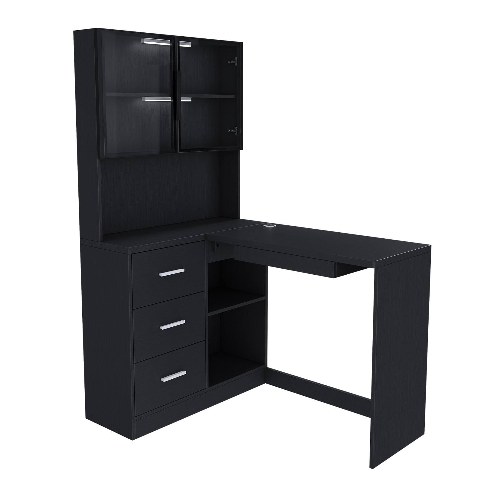 Front. Glintex - L-Shaped Desk，Glass Cabinets，Customizable LED Lighting, USB Ports, Keyboard Shelf, Drawers, Durable MDF Construction - Black.