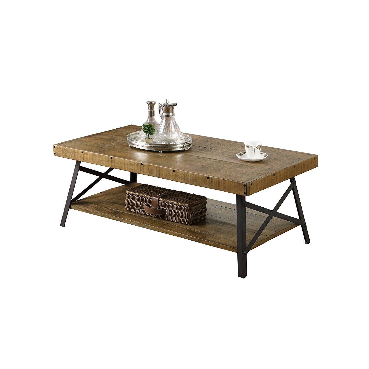 Left. SlickBlue - Industrial Solid Wood Coffee Table with Steel Frame Legs - Brown.
