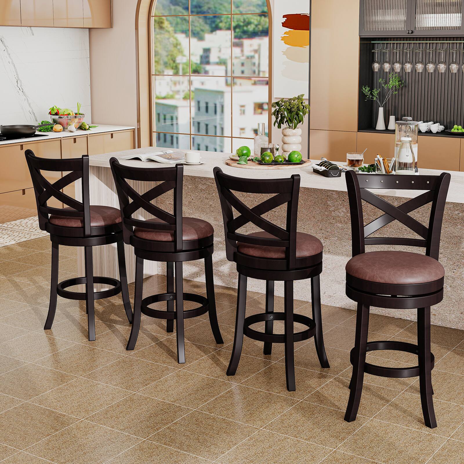 Alt View 8. Gymax - Gymax 26'' Swivel Bar Stools Set of 2 Footrest & Rubber Wood Frame for Kitchen Island - Coffee, Brown.