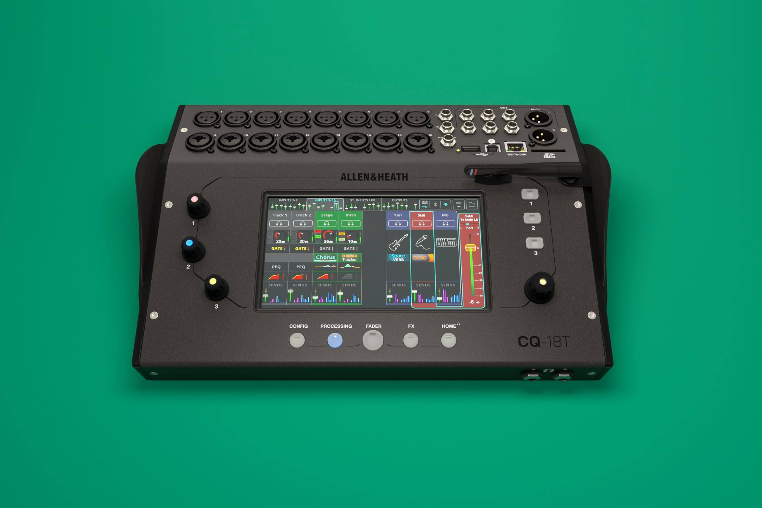 ALLEN&HEATH

CQ-18T

- INPUTS
  - Track 1
  - Track 2
  - Stage
  - Intro
  - Van
  - Sue
  - Mo
  - Stage

- OUTPUTS
  - 20m
  - 36m
  - 10m

- PEQ
- Chorus
- Delay
- ECHO

- SENDS
  - SENDS
  - SENDS
  - SENDS
  - SENDS
  - SENDS
  - SENDS

- CONFIG
- PROCESSING
- FADER
- FX
- HOME