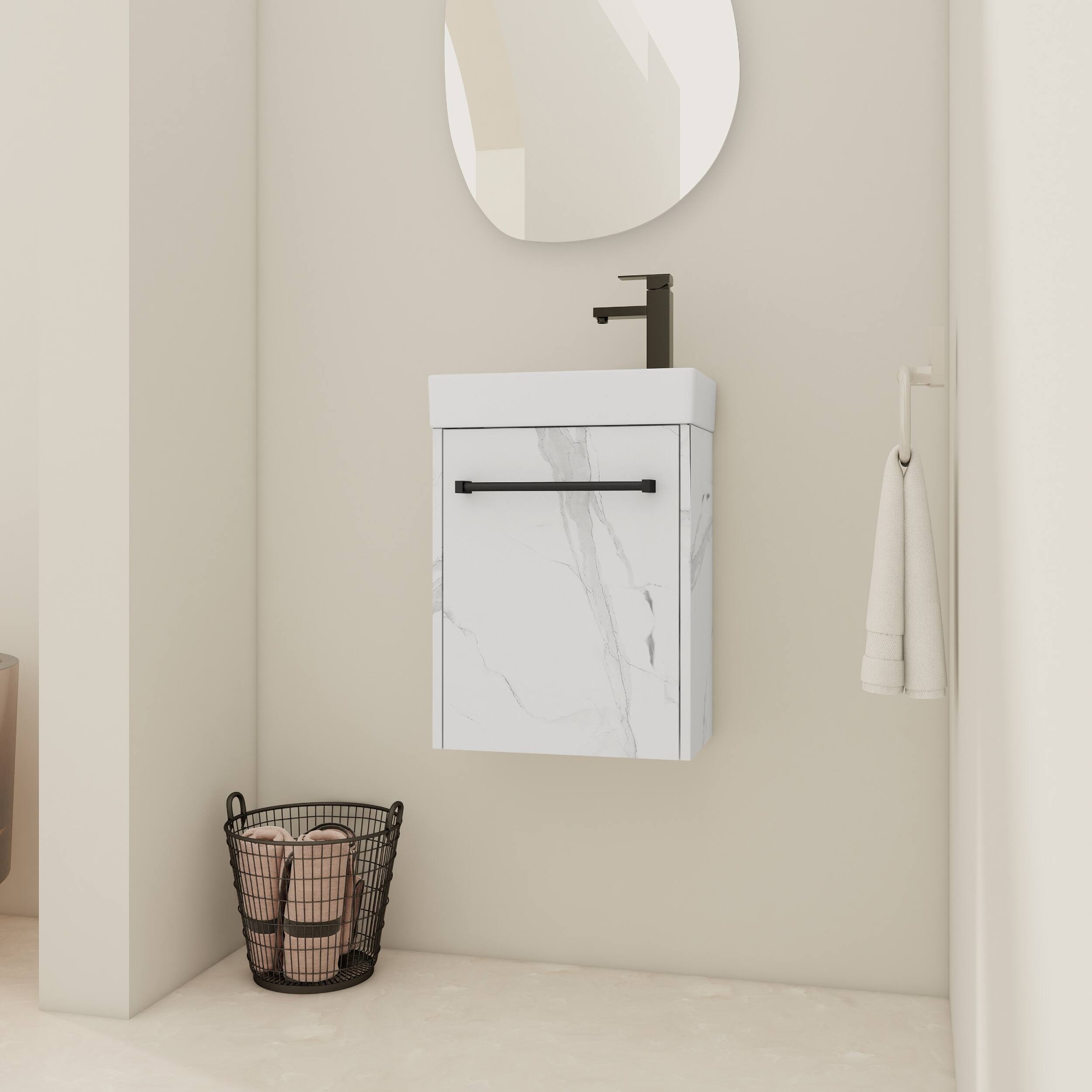 Front. ELEMENT ACE - Floating Wall-Mounted Bathroom Vanity with Ceramic Sink and Soft-Close Cabinet Door for Small Spaces - White.