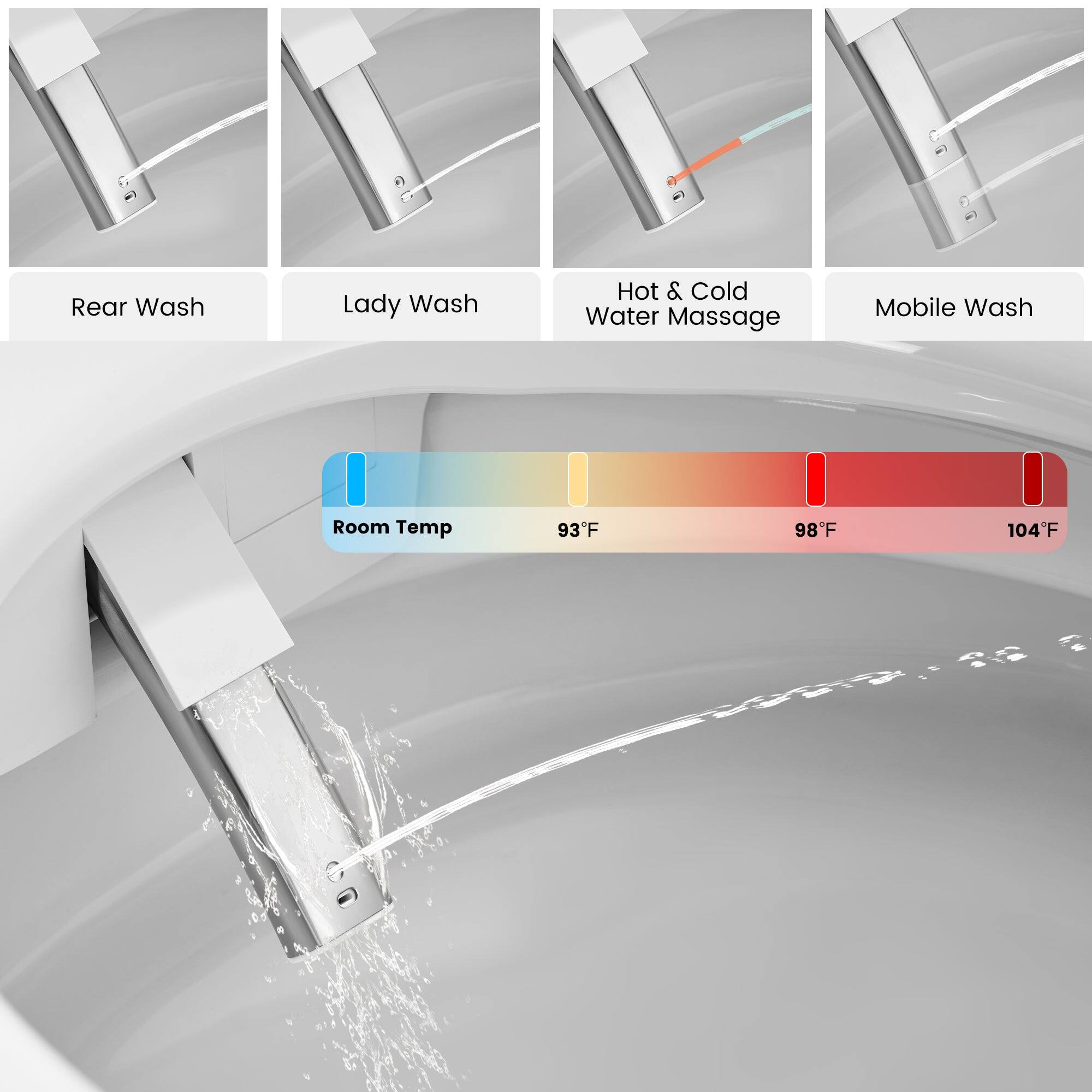 Rear Wash  
Lady Wash  
Hot & Cold Water Massage  
Mobile Wash  

Room Temp  
93°F  
98°F  
104°F