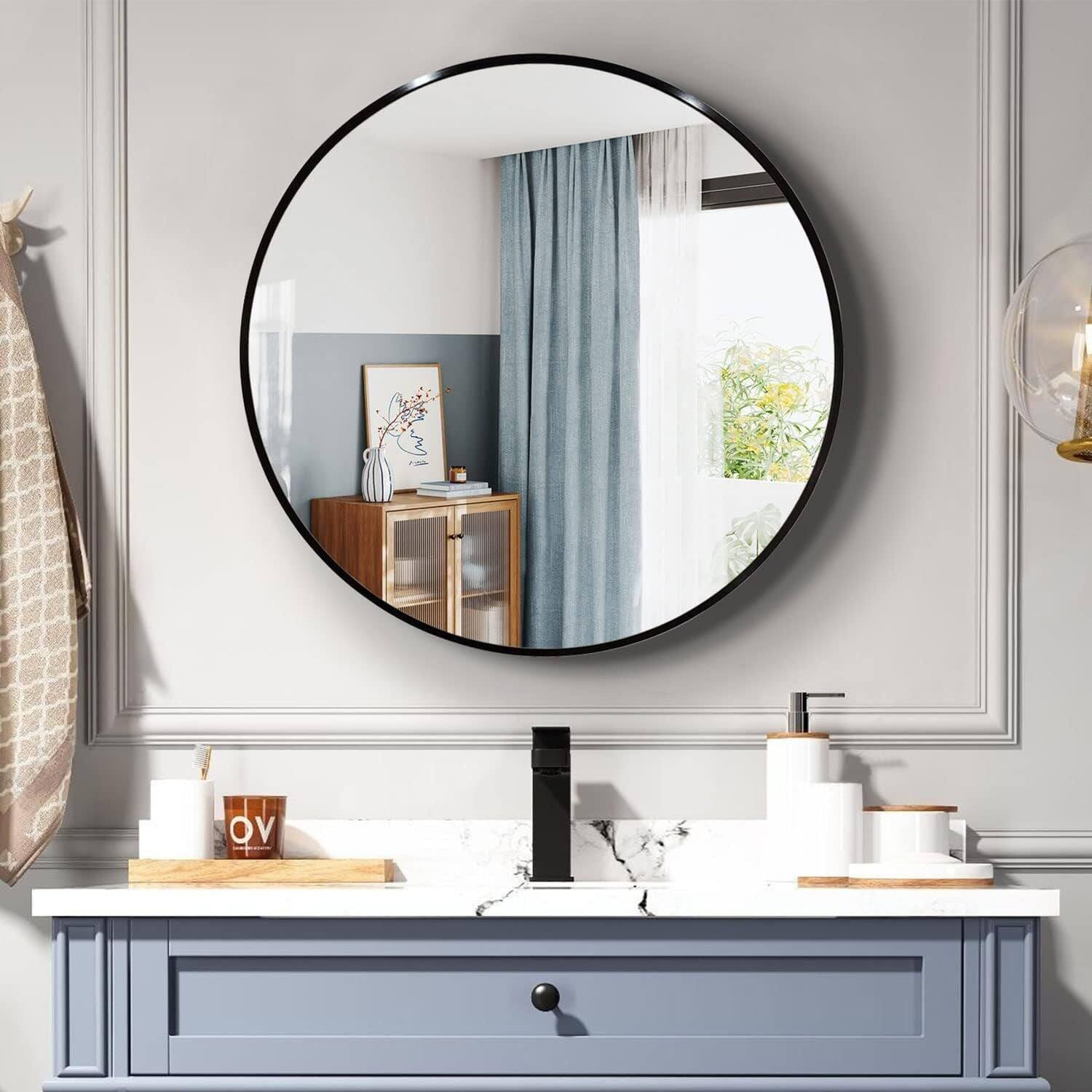 Back. BreeBe - 36 Inch Black Metal Framed Round Bathrrom Mirror for Wall. - Black.