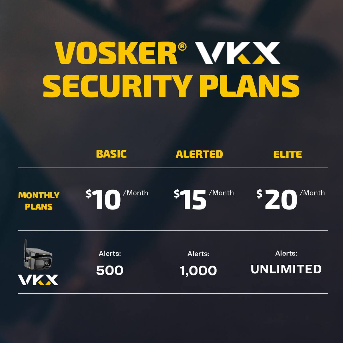 VOSKER® VKX SECURITY PLANS

BASIC | ALERTED | ELITE

MONTHLY PLANS

$10 /Month | $15 /Month | $20 /Month

Alerts: 500 | Alerts: 1,000 | Alerts: UNLIMITED