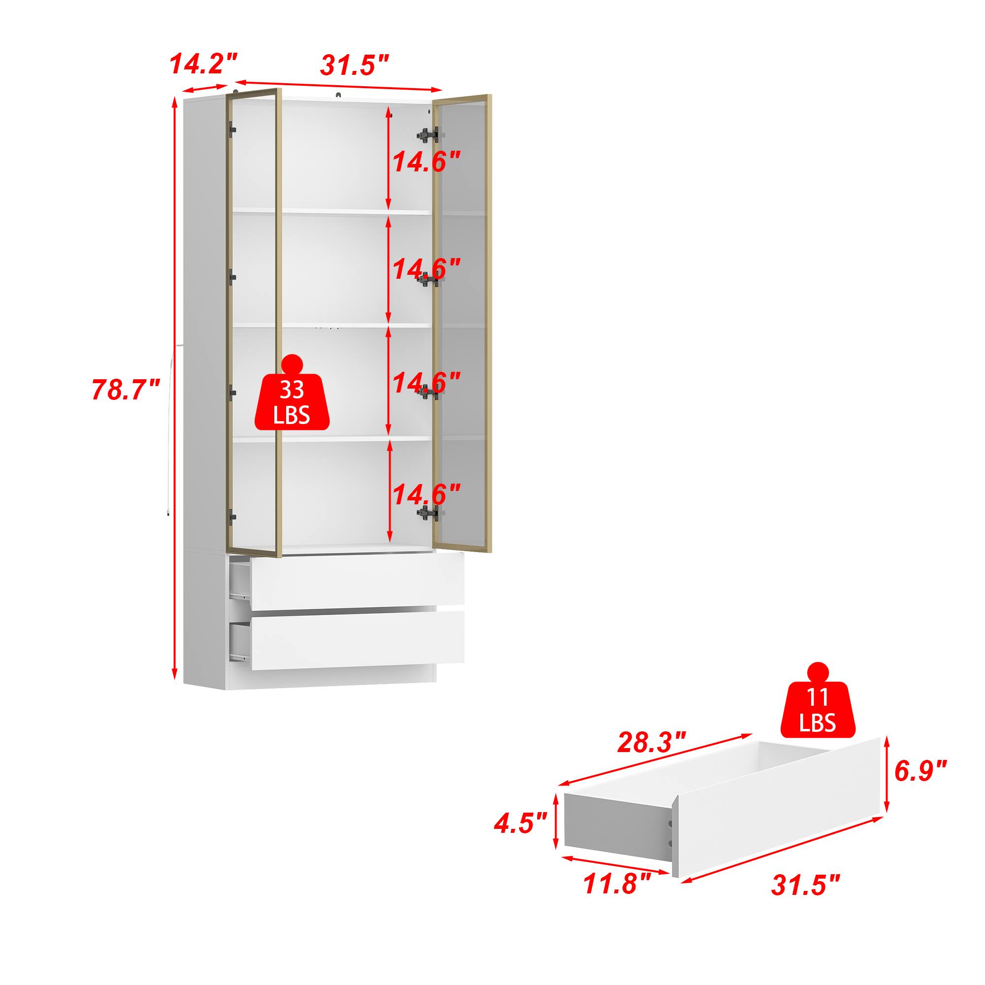 14.2", 31.5", 14.6", 14.6", 78.7", 33 LBS, 14.6", 14.6", 28.3", 11 LBS, 6.9", 4.5", 11.8", 31.5"