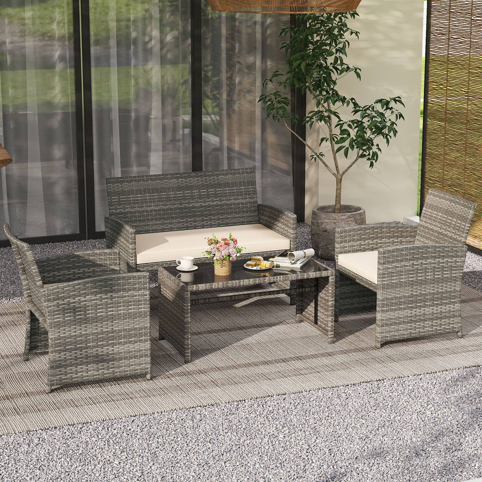 Alt View 1. Gymax - Gymax 4PCS Patio Outdoor Conversation Set w/Seat Cushions & Tempered Glass Tabletop Off White - Off White.