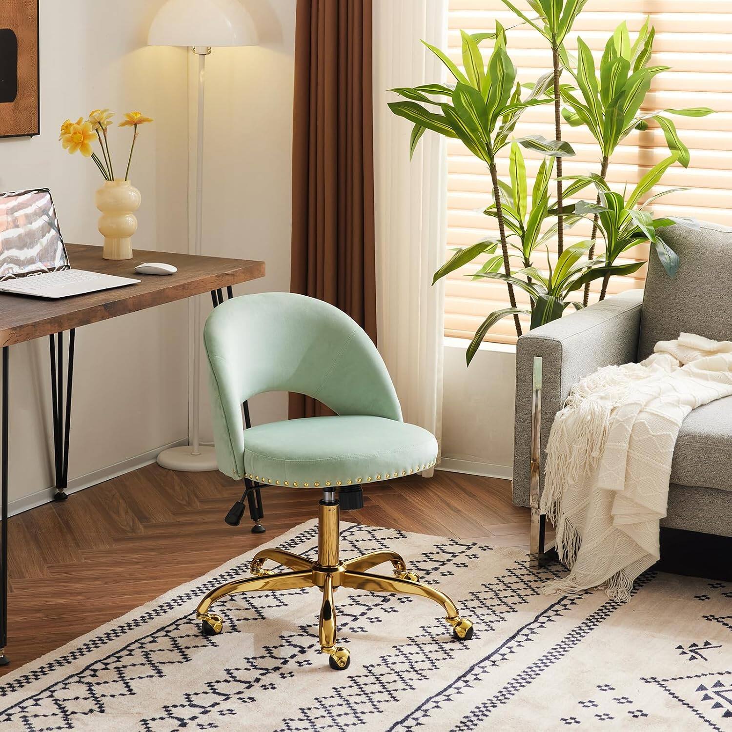 Alt View 8. Winado - Modern Velvet Cute Desk Chair with Wheels,Gold Base/Studs, Comfy Armless Swivel Vanity Task Nail Tech Chair for Bedroom - Mint Green.
