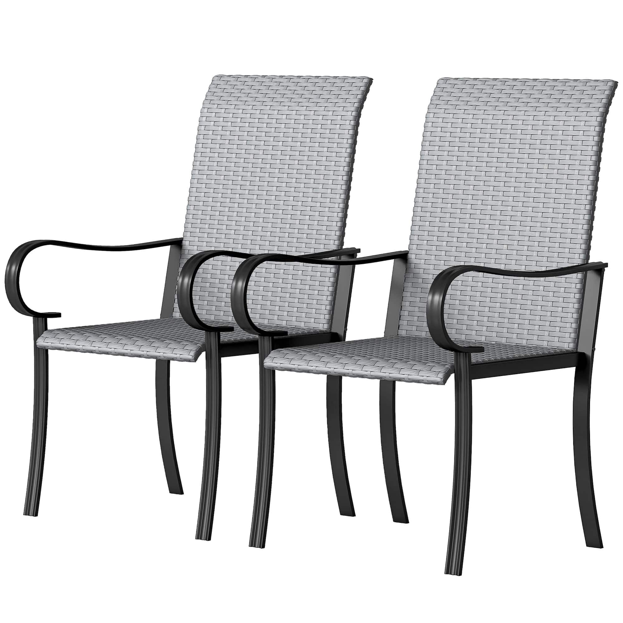 Front. Outsunny - Set of 2 Outdoor Wicker Dining Chairs with Armrest, Steel Frame - Gray.
