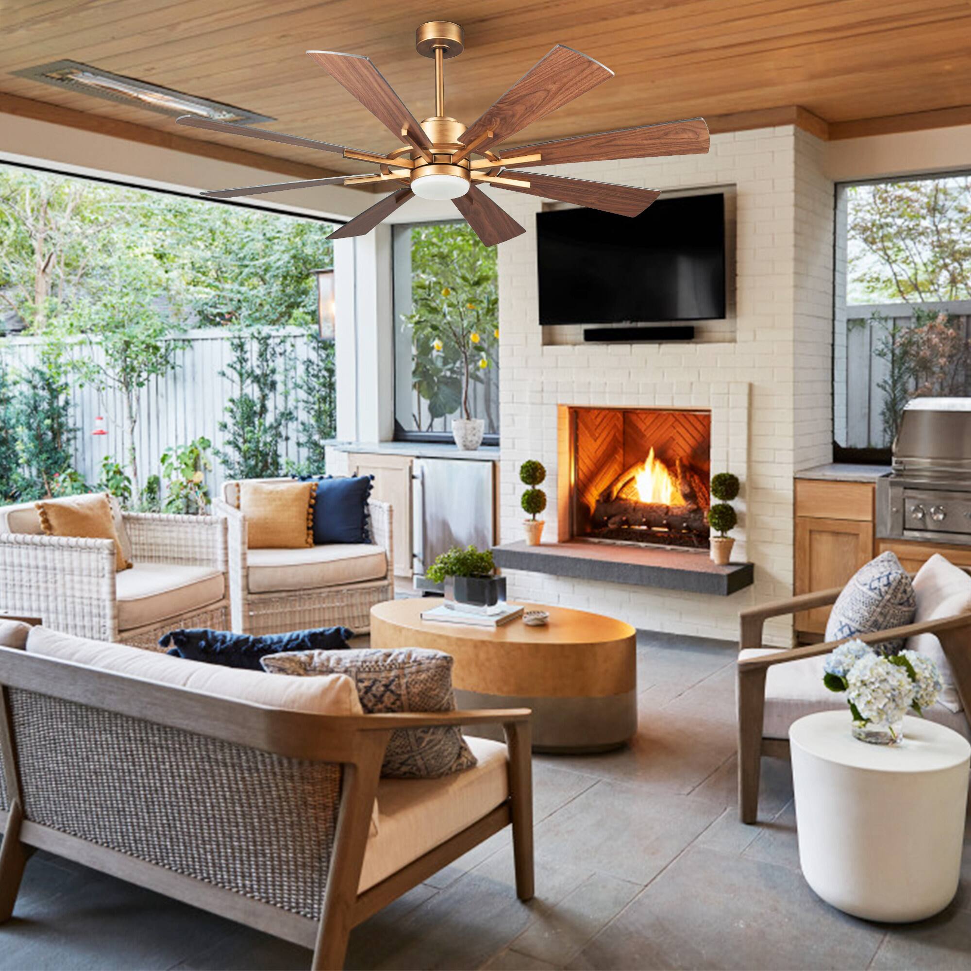 Left. Parrot Uncle - 60 in. Windmill 8-Blade Integrated LED Gold Ceiling Fan with Light and Remote Control, DC Reversible Motor - Gold.