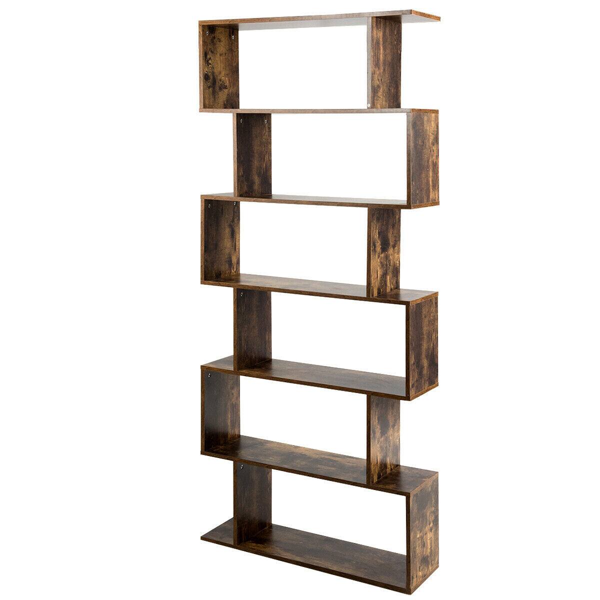 Alt View 1. Gymax - Gymax 6-Tier S-Shape Bookcase Z-Shelf Style Storage Display Rack Brown - as pics.