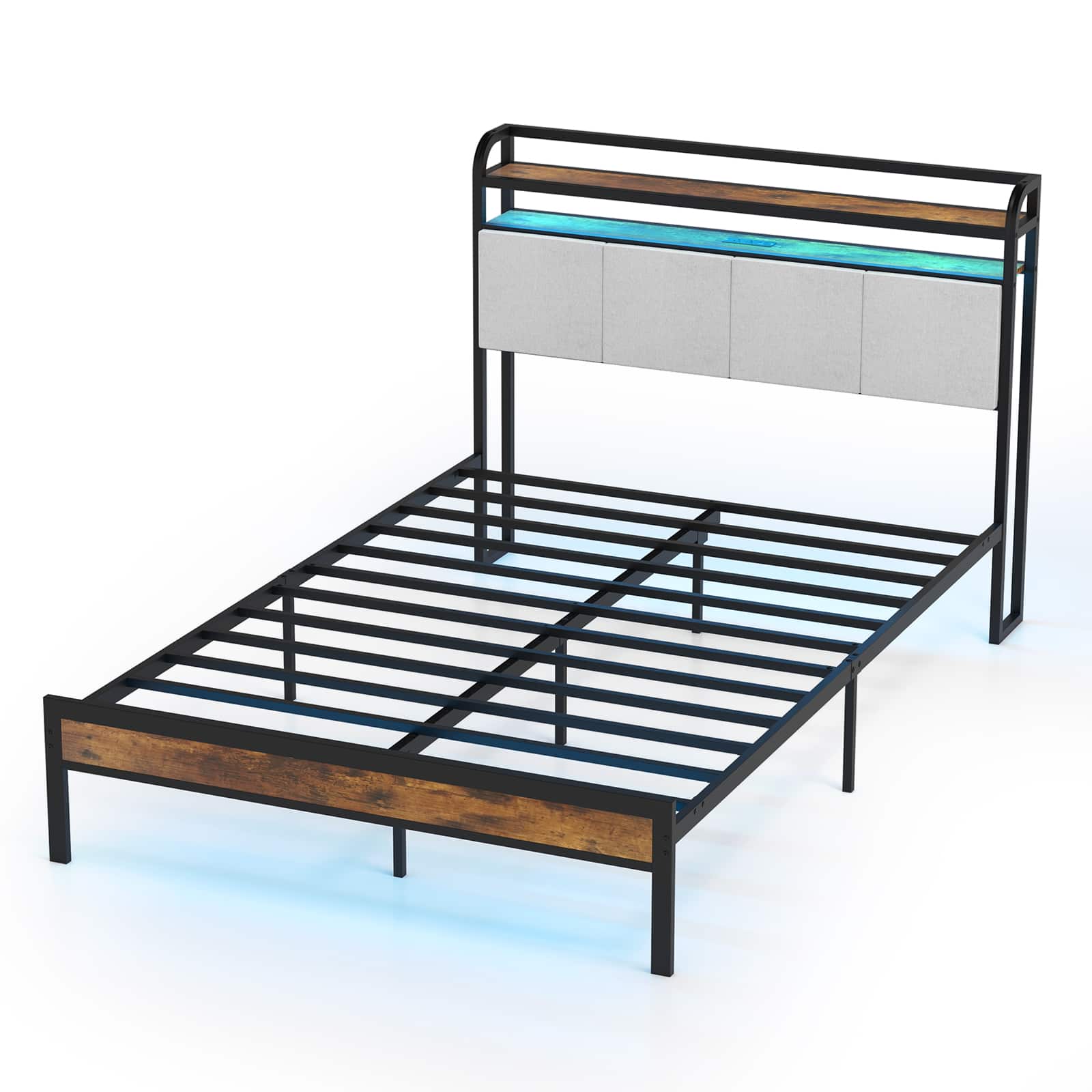 Costway - Full Size Bed Frame w/ Charging Station Metal Platform Bed w/Upholstered Headboard - Rustic Brown,Black,Grey