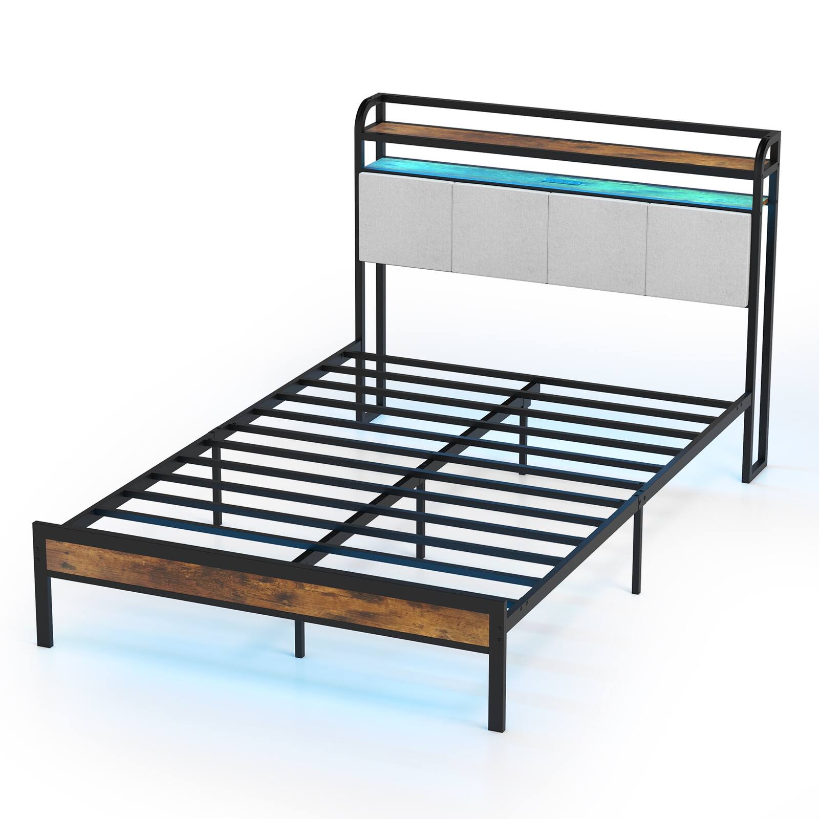 Front. Costway - Costway Full Size Bed Frame w/ Charging Station Metal Platform Bed w/Upholstered Headboard - Rustic Brown,Black,Grey.