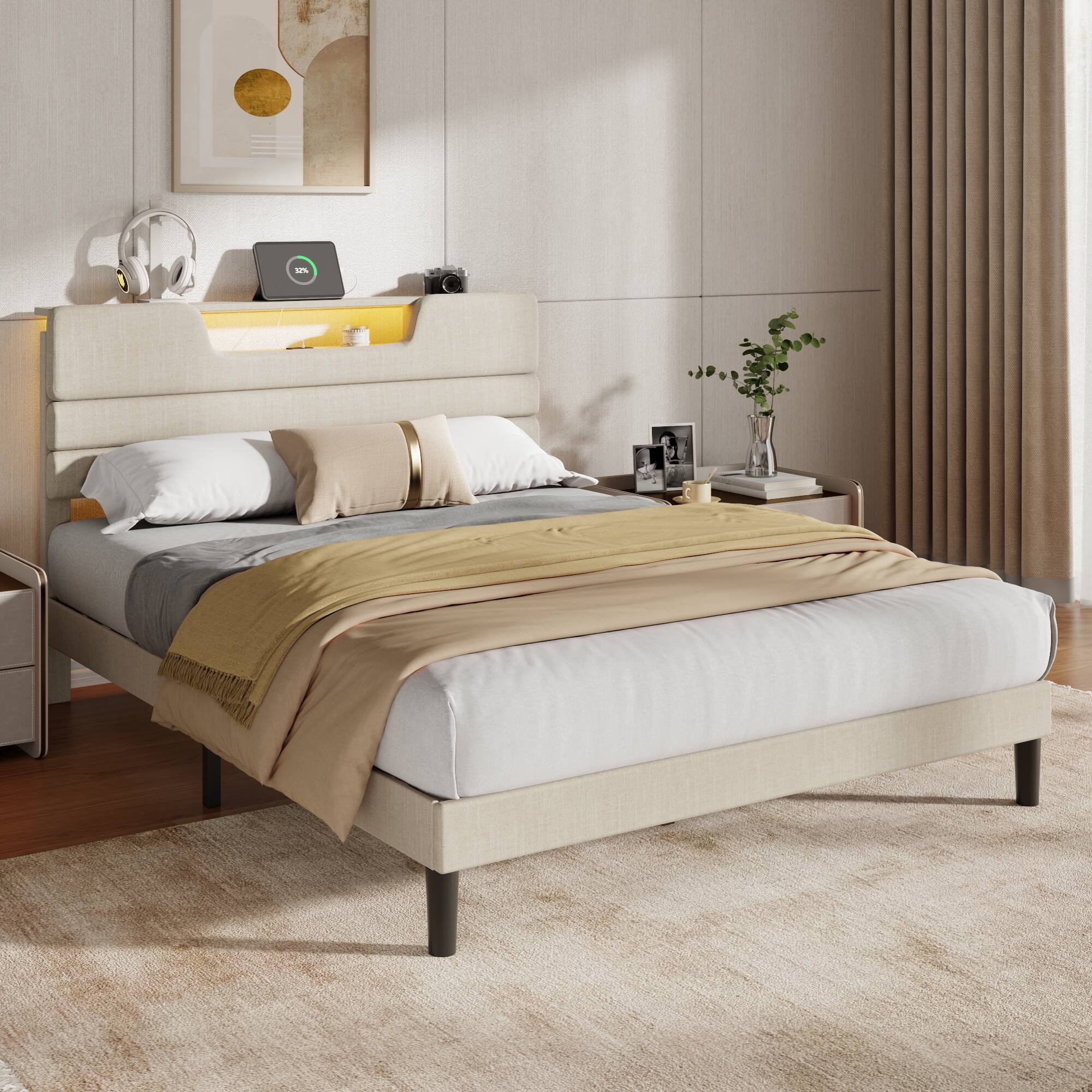 Angle. Furnulem - Upholstered Bed Frame Modern Platform Bed with Charging Station & LED Light - Beige.