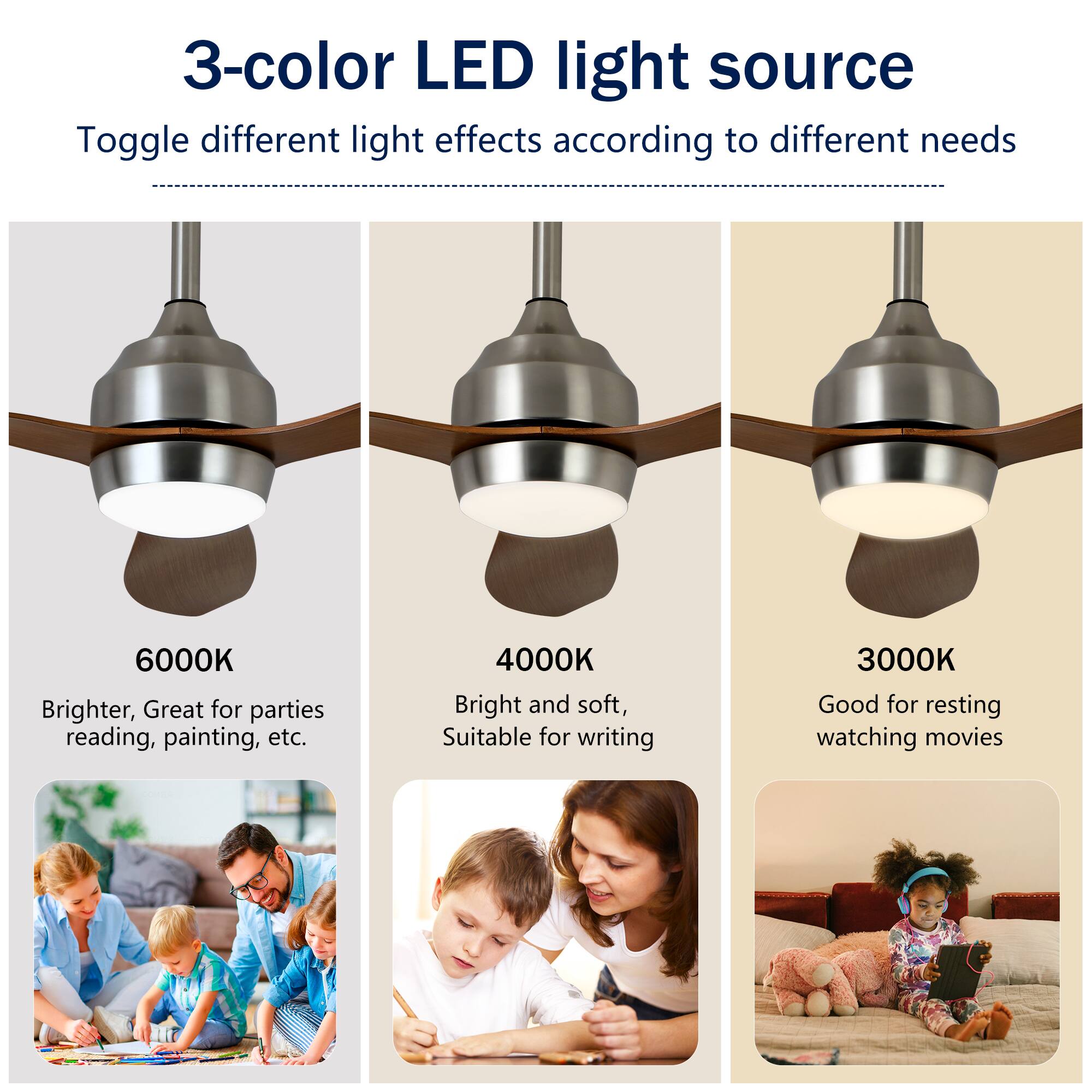 3-color LED light source  
Toggle different light effects according to different needs  

6000K  
Brighter, Great for parties, reading, painting, etc.  

4000K  
Bright and soft, Suitable for writing  

3000K  
Good for resting, watching movies