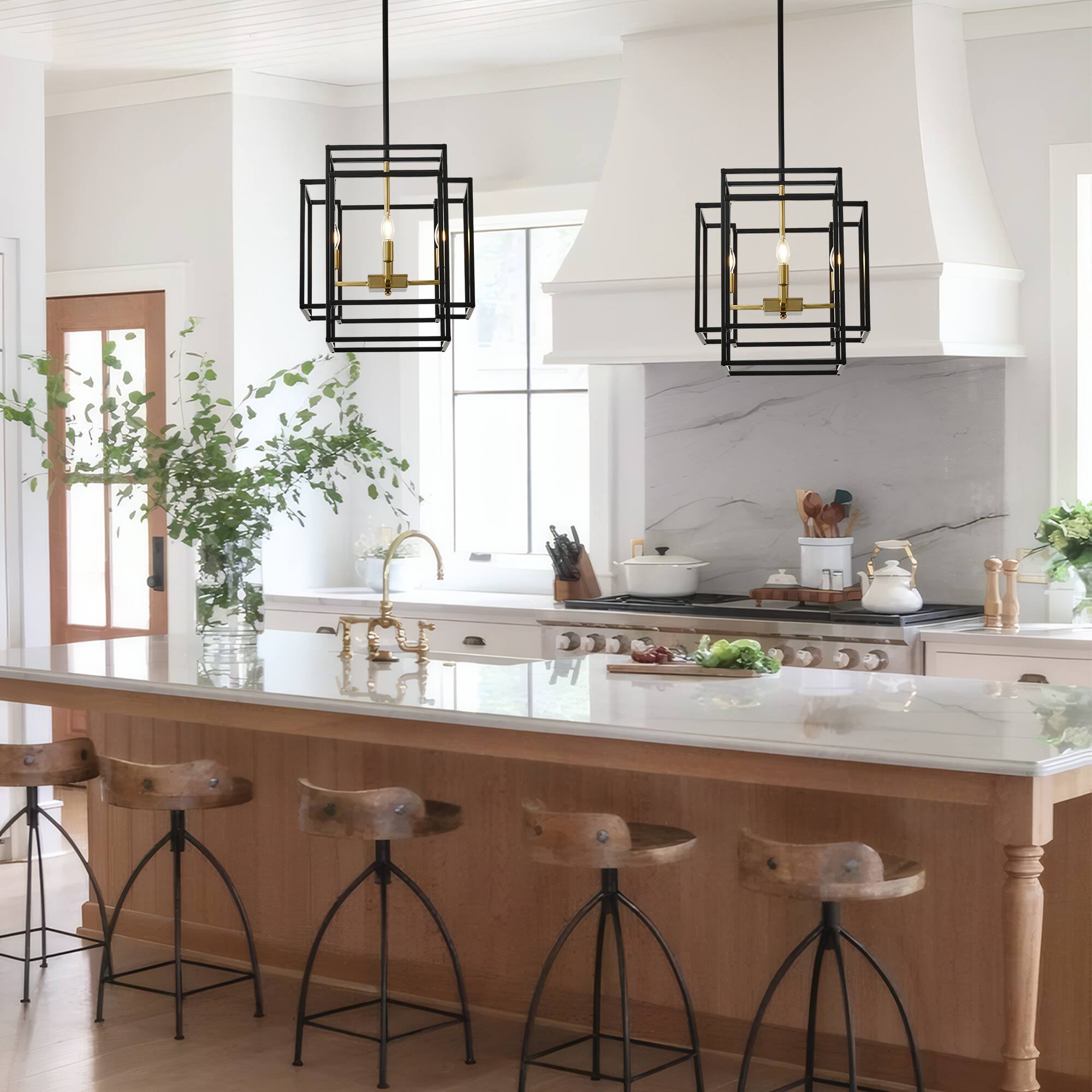Angle. RYHNUYNE - 4-Light Lantern Tiered Pendant Light Fixtures,Black Farmhouse Chandelier for Kitchen Island,Dining Room Light Fixture Ov - Black.
