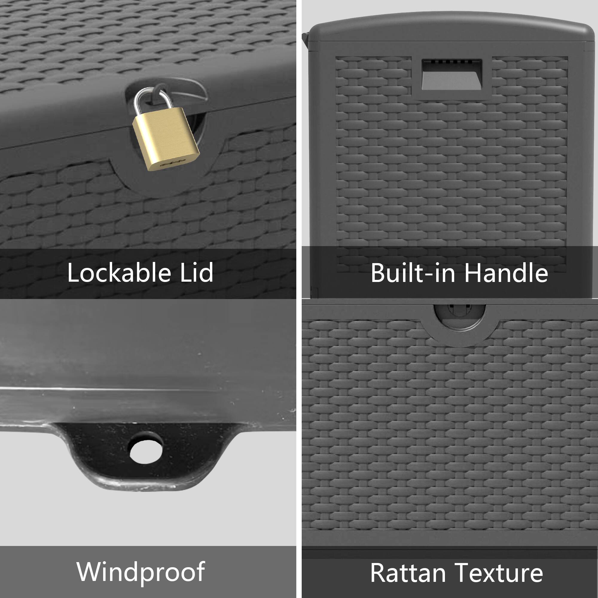 - Lockable Lid
- Built-in Handle
- Windproof
- Rattan Texture