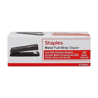 Staples Metal Full-Strip Stapler  
Use With Standard Staples  
20 Sheet Capacity  
Strap-in Construction With Plastic Base and Handle  
ST24547