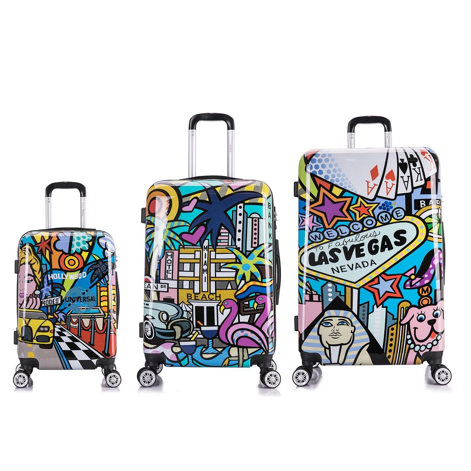 Sure, here is the corrected and grouped text from the image:

1. **Left Luggage:**
   - HOLLYWOOD
   - UNIVERSAL
   - RODEO
   - BEACH

2. **Middle Luggage:**
   - WELCOME
   - TO
   - LAS VEGAS
   - NEVADA

3. **Right Luggage:**
   - HOLLYWOOD
   - UNIVERSAL
   - BEACH
   - OCEAN DR