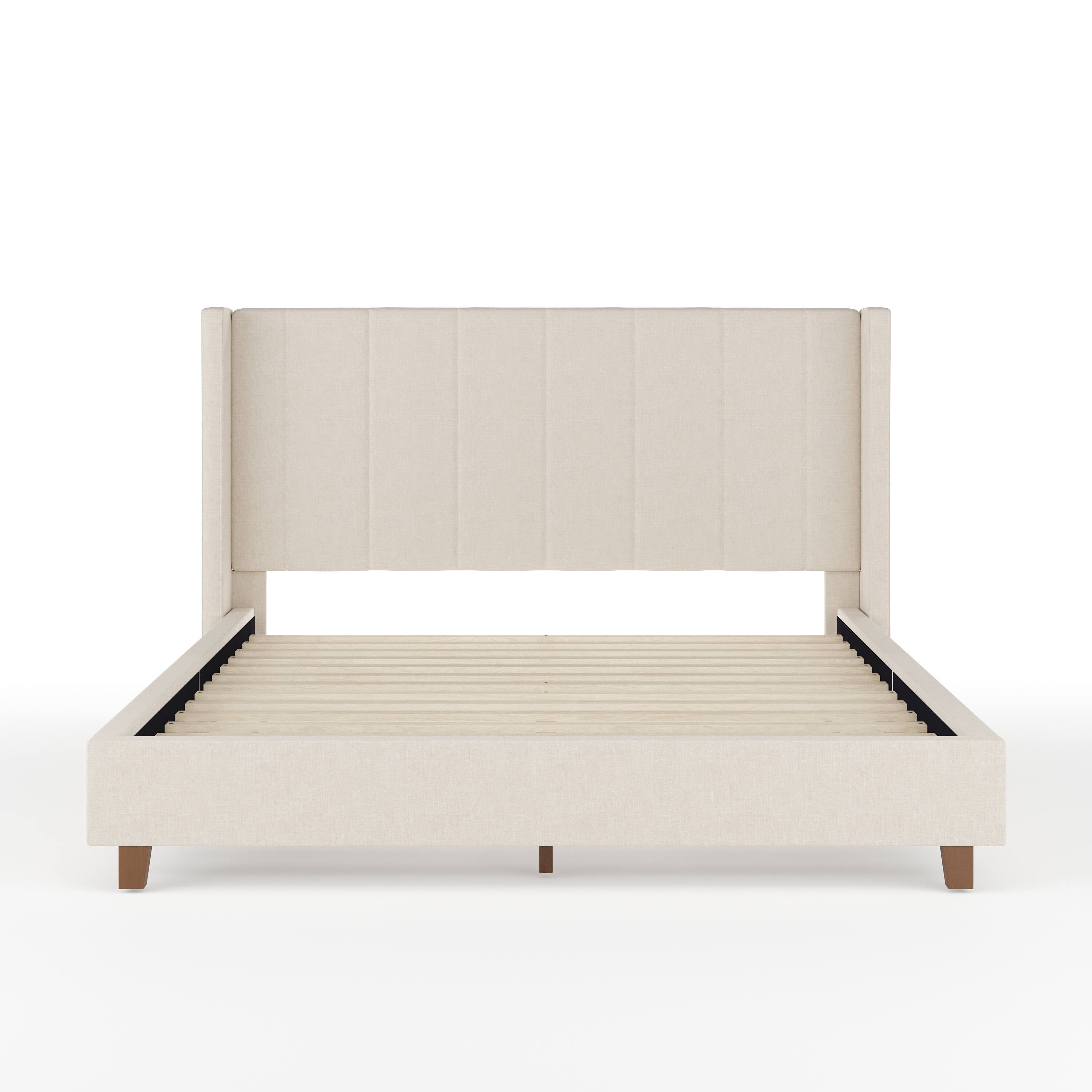 Alt View 18. Martha Stewart - Kay Faux Linen Queen Size Platform Bed with Channel Stitched Headboard - Beige Fabric/Walnut Legs.