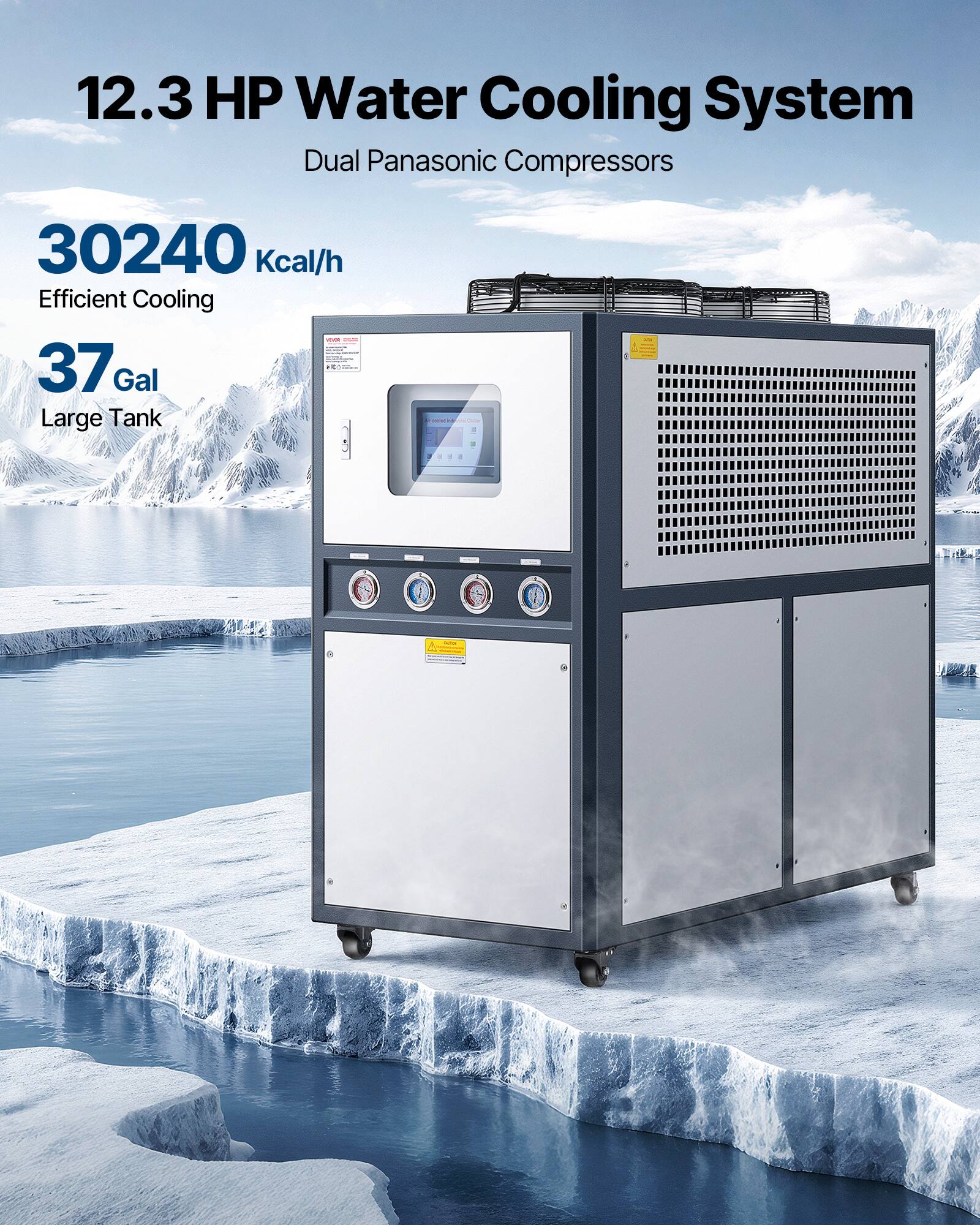 12.3 HP Water Cooling System Dual Panasonic Compressors 30240 Kcal/h Efficient Cooling - 37 Gal Large Tank