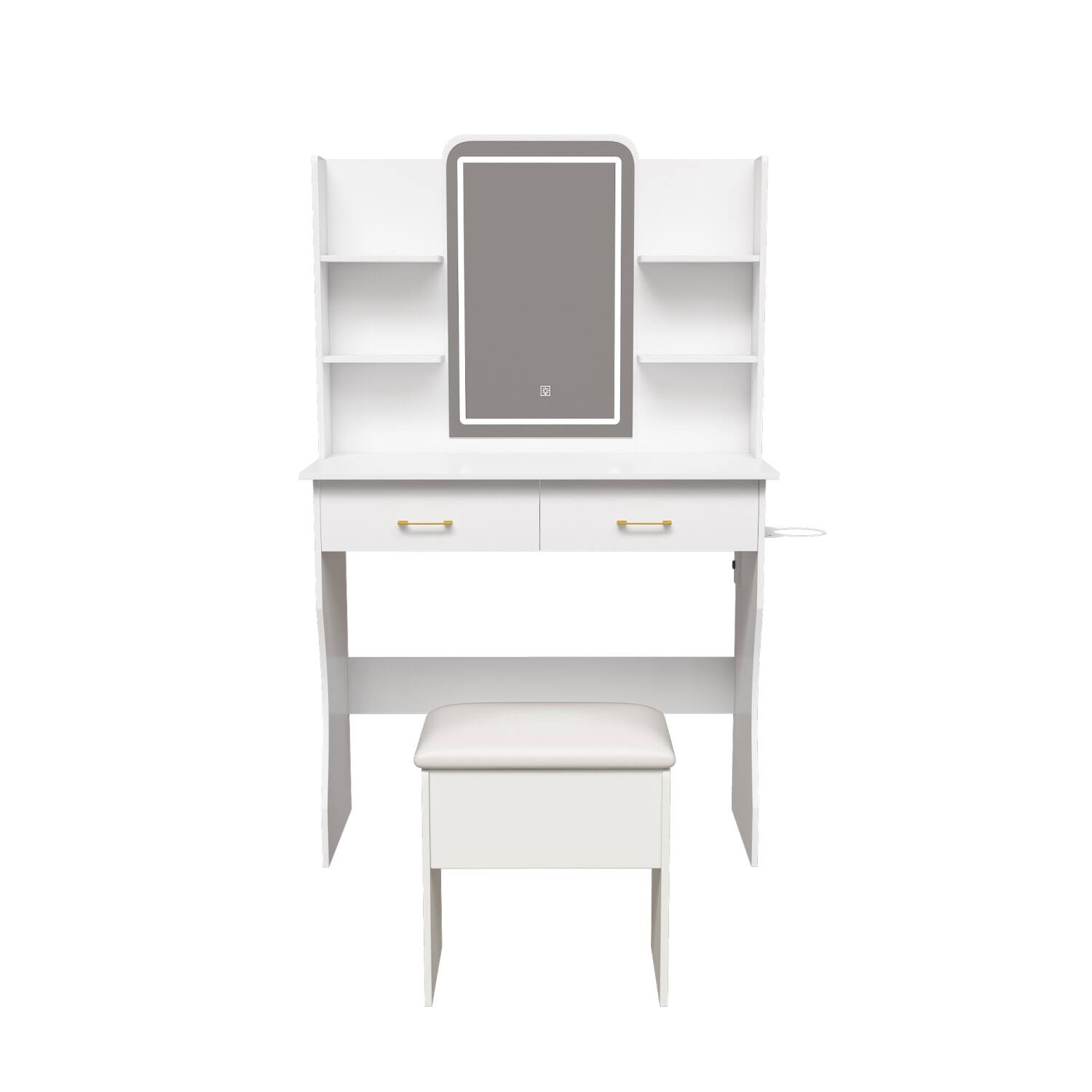 Angle. Lirago - Wood Dresser Table Desk with Mirror White Dressing Table with LED Lights Power Outlet - White.