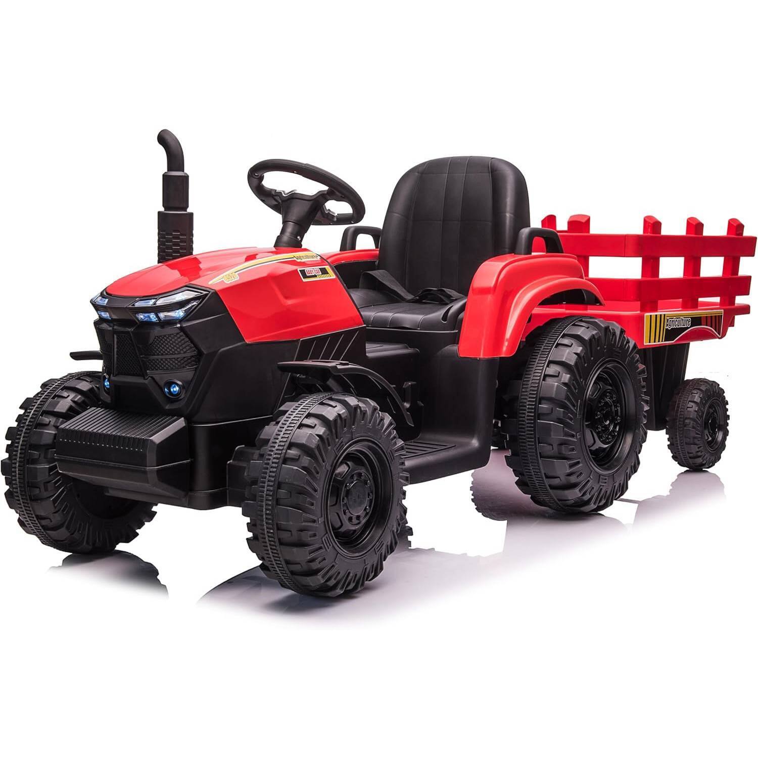 GARVEE- Dual 40w Motors 12v Ride-on Tractor Toy with Trailer for Outdoor Play- Red