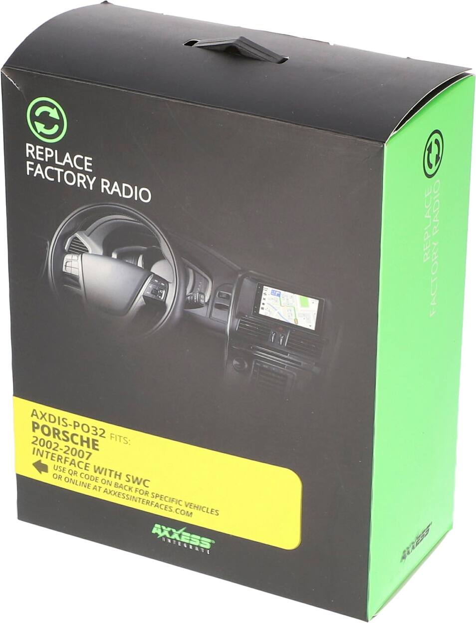 REPLACE FACTORY RADIO

1) REPLACE RADIO FACTORY AXDIS-PO32 FITS: PORSCHE 2002-2007 INTERFACE USE QR CODE ON BACK FOR SPECIFIC VEHICLES OR ONLINE AT AXCESSINTERFACES.COM
