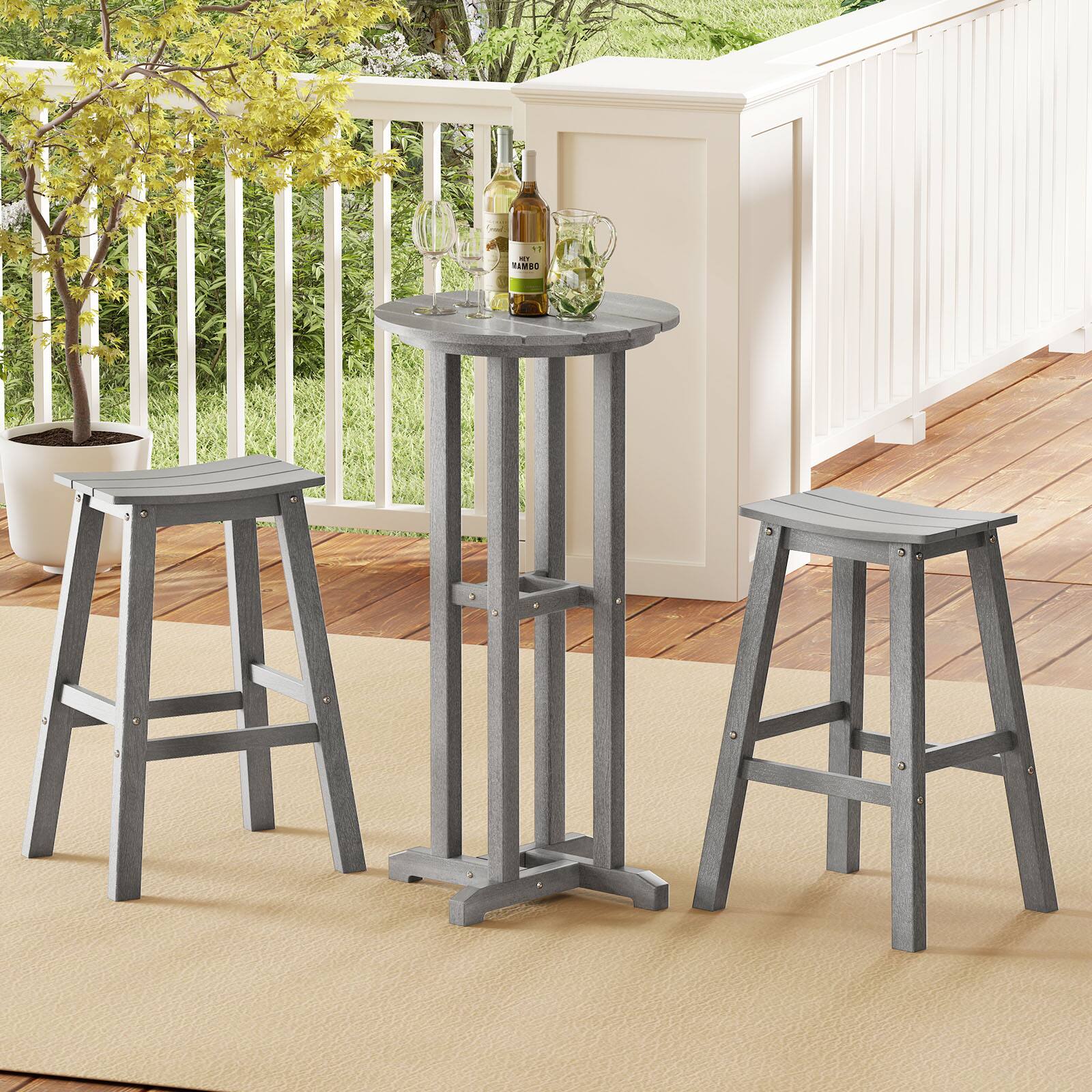 Gymax - 3PCS Outdoor HDPE Bar Table & Chair Set for 2 w/ Footrests for Garden Yard Pool - Gray