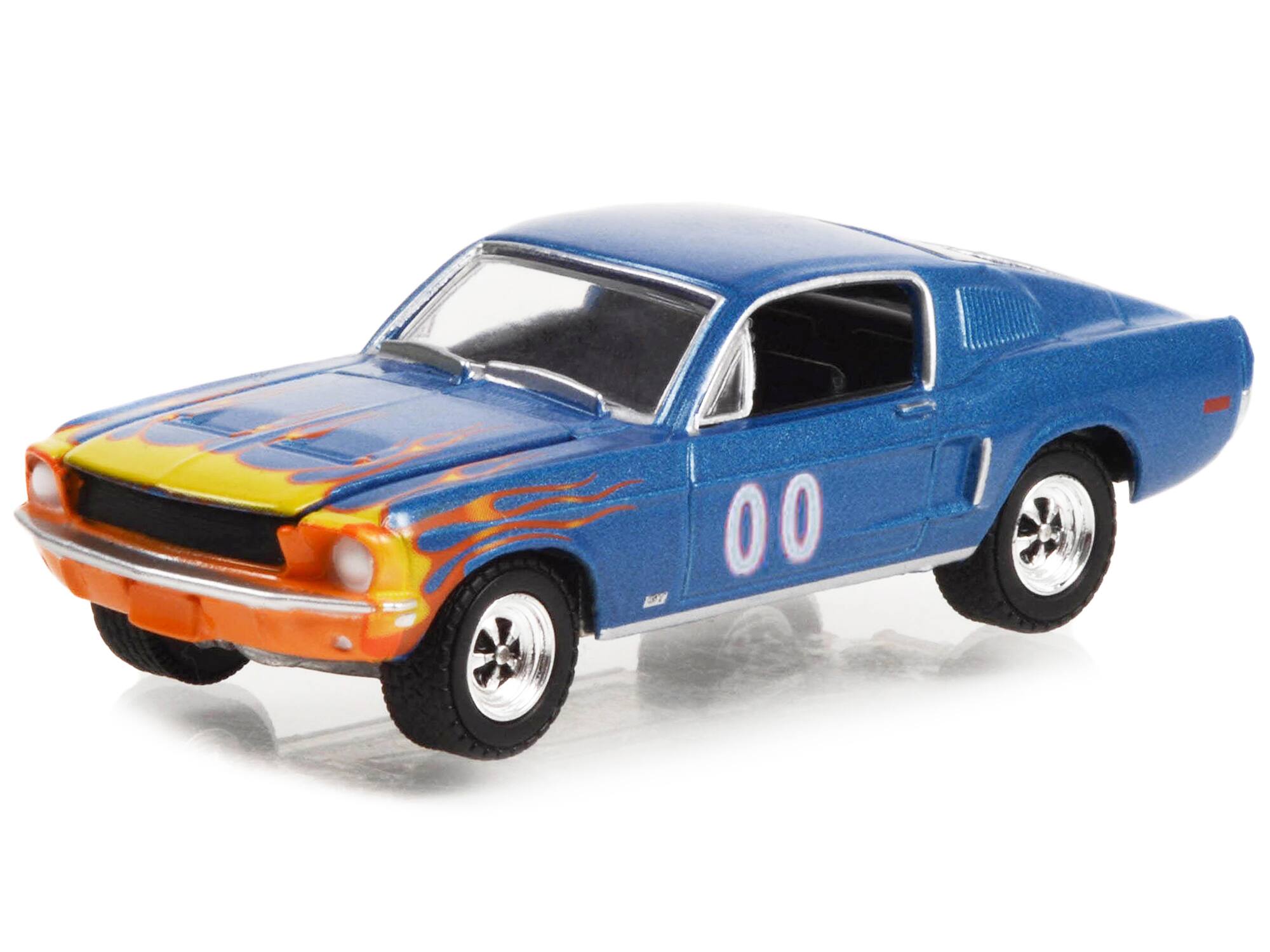 Angle. Greenlight - 1968 Ford Mustang GT Fastback #00 Blue Metallic with Flames Graphics "Hobby Exclusive" Series 1/64 - Blue Metallic.