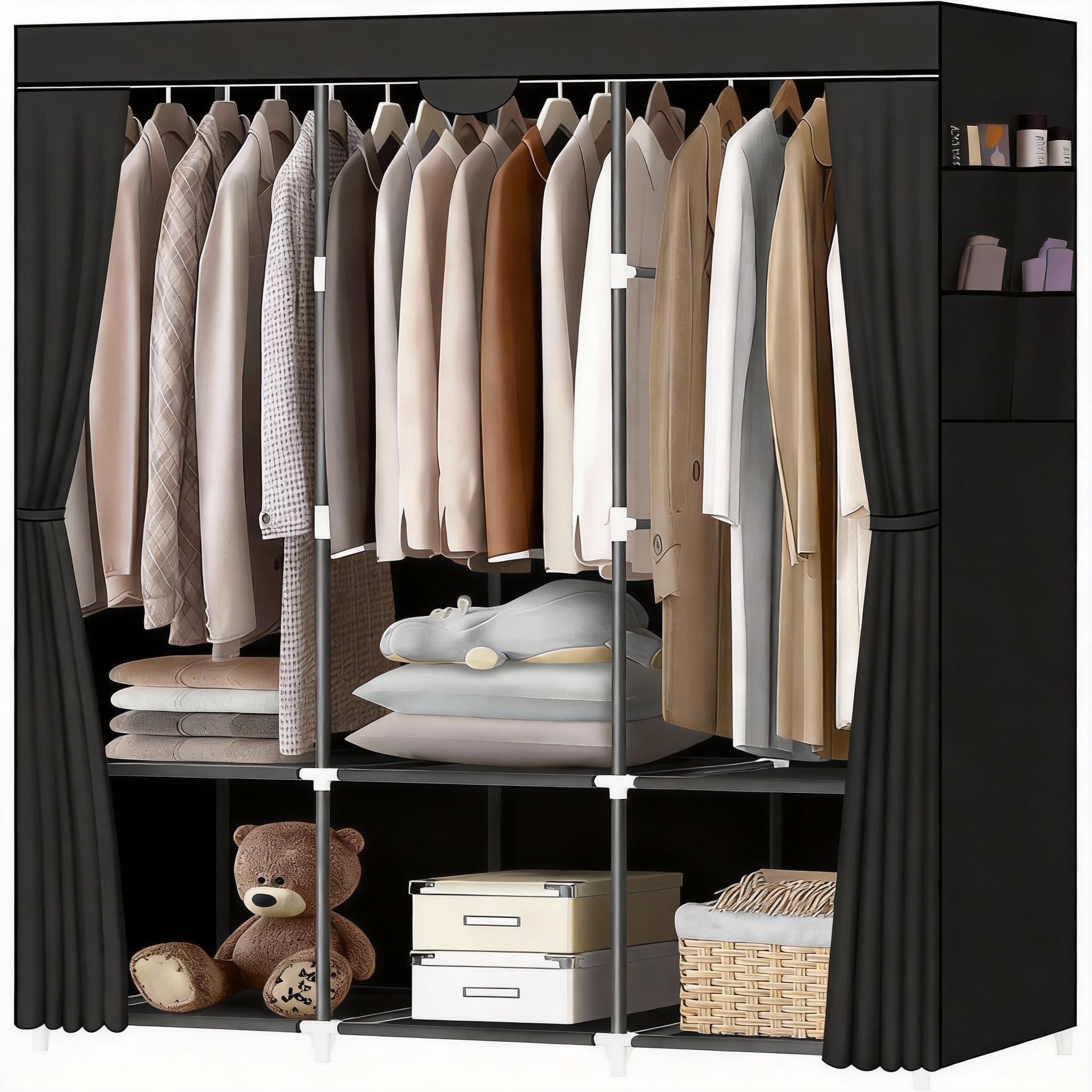 PO3TICJUNKI3- Portable Closet Wardrobe With Rods And Shelves Pockets Closets For Clothes Easy To Assemble Strong Stable- Black