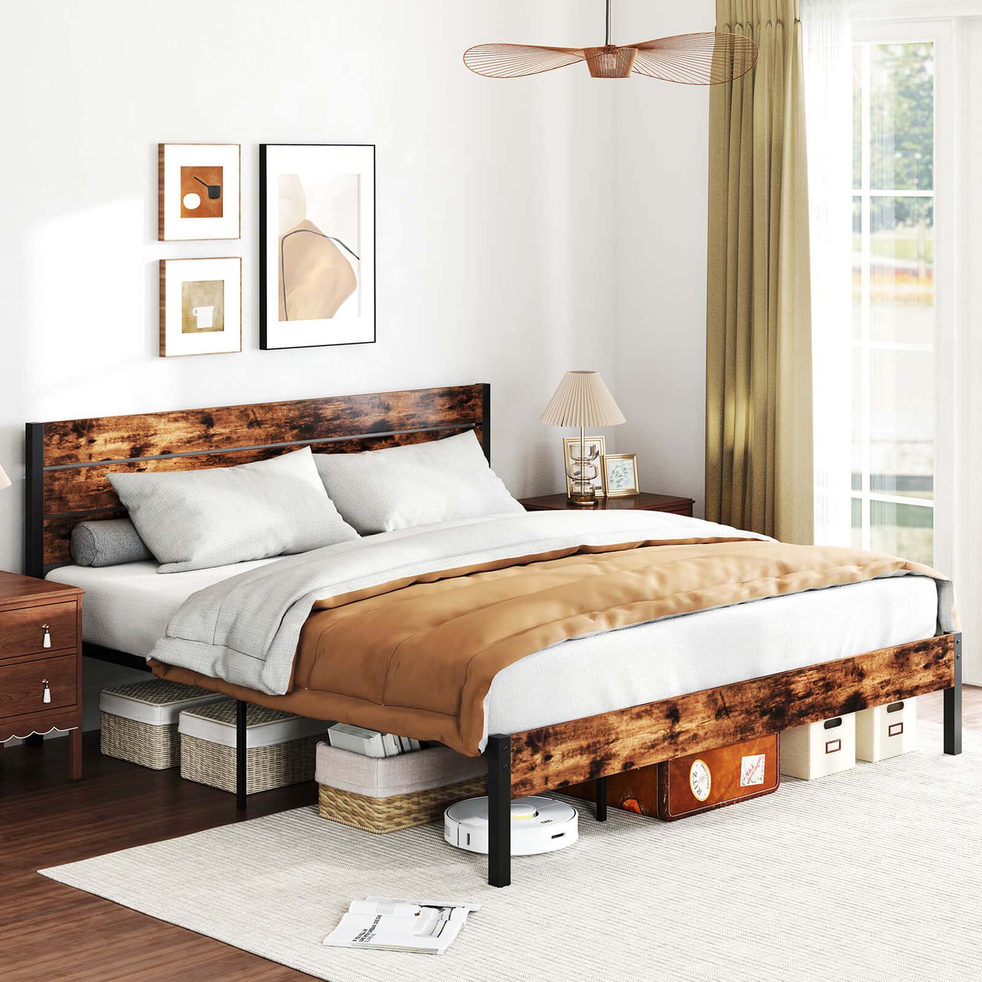 Alt View 2. Costway - King Bed Frame with Tall Industrial Headboard Heavy-Duty Metal Slats Support - Brown.