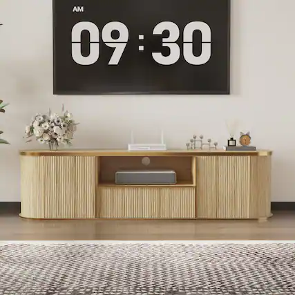 Front. Famapy - Minimalist TV Stand with Cable Management, Handle-Free Upto 70" TV Media Console with Storage Cabinets and Open Shelves - Wooden.