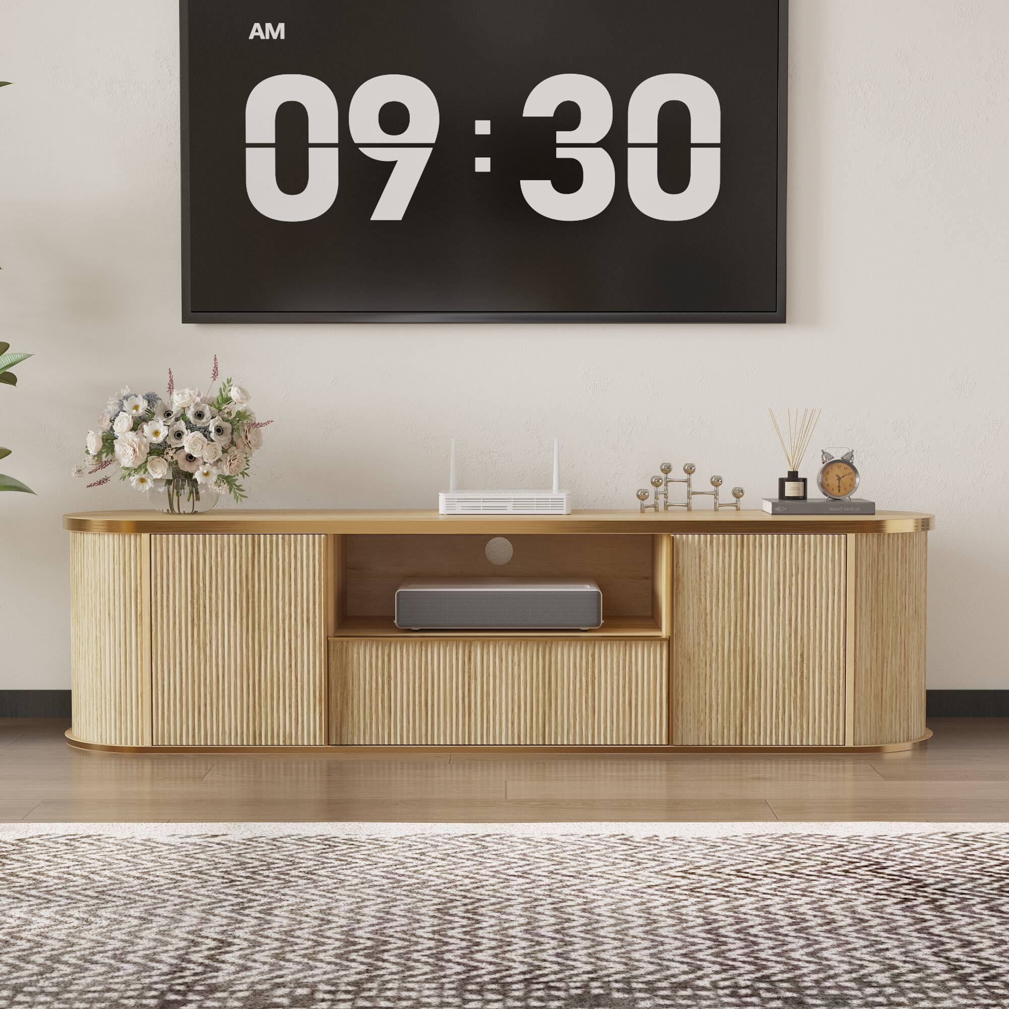 Front. Famapy - Minimalist TV Stand with Cable Management, Handle-Free Upto 70" TV Media Console with Storage Cabinets and Open Shelves - Wooden.