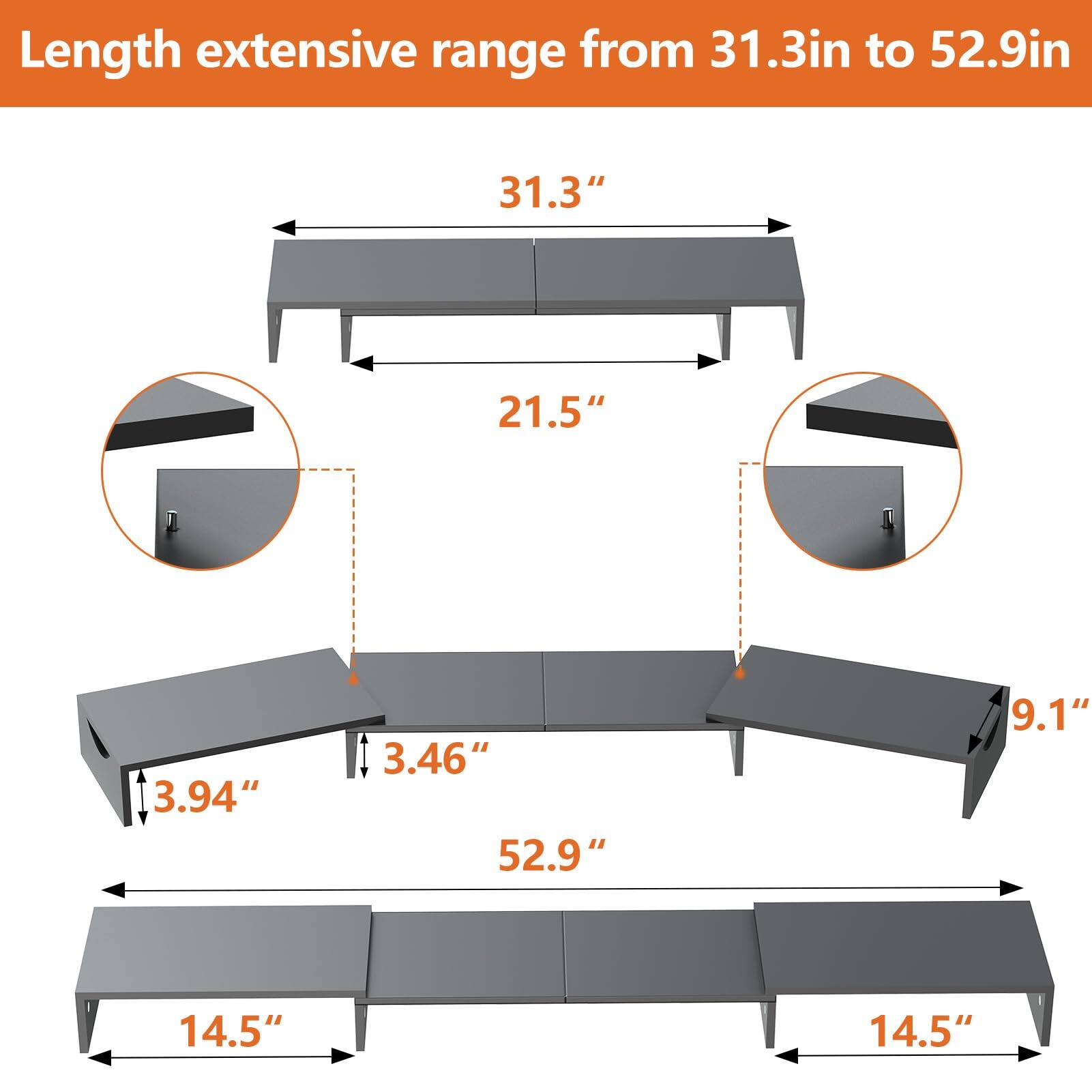 Length extensive range from 31.3in to 52.9in

- 31.3"
- 21.5"
- 3.94"
- 3.46"
- 52.9"
- 9.1"
- 14.5"
- 14.5"