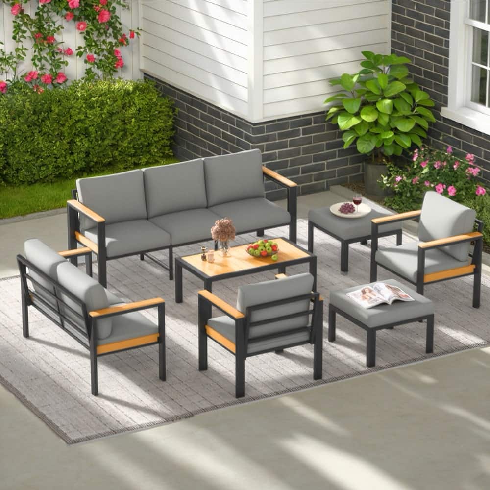 U-HOMY - 7-Piece Patio Conversation Set with Table, All-Weather Aluminum Furniture for Outdoor Living - Gray